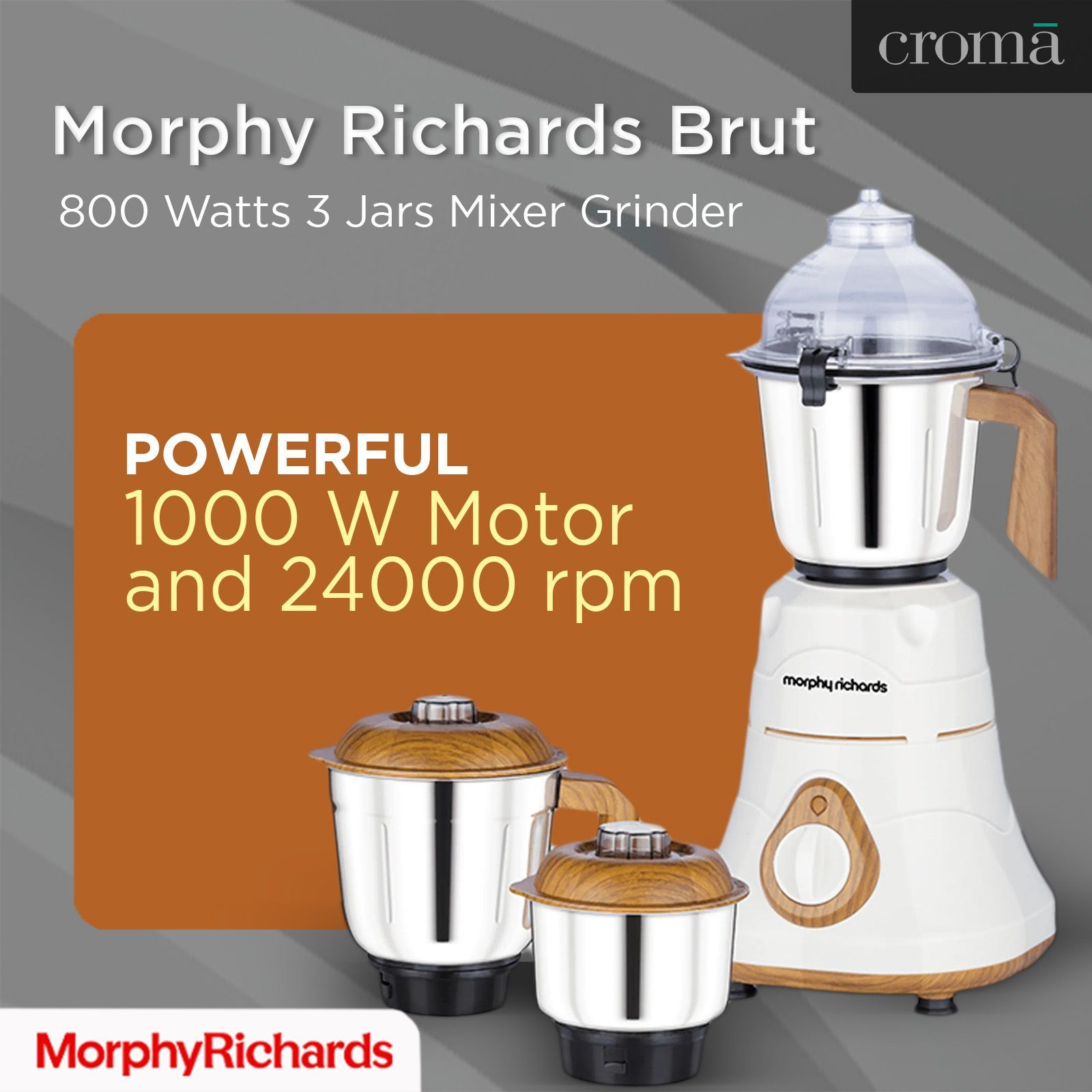 morphy richards Brut 800 Watts 3 Jars Mixer Grinder (Silicon Gaskets, 640110, Wood Finish with Parker White)_6