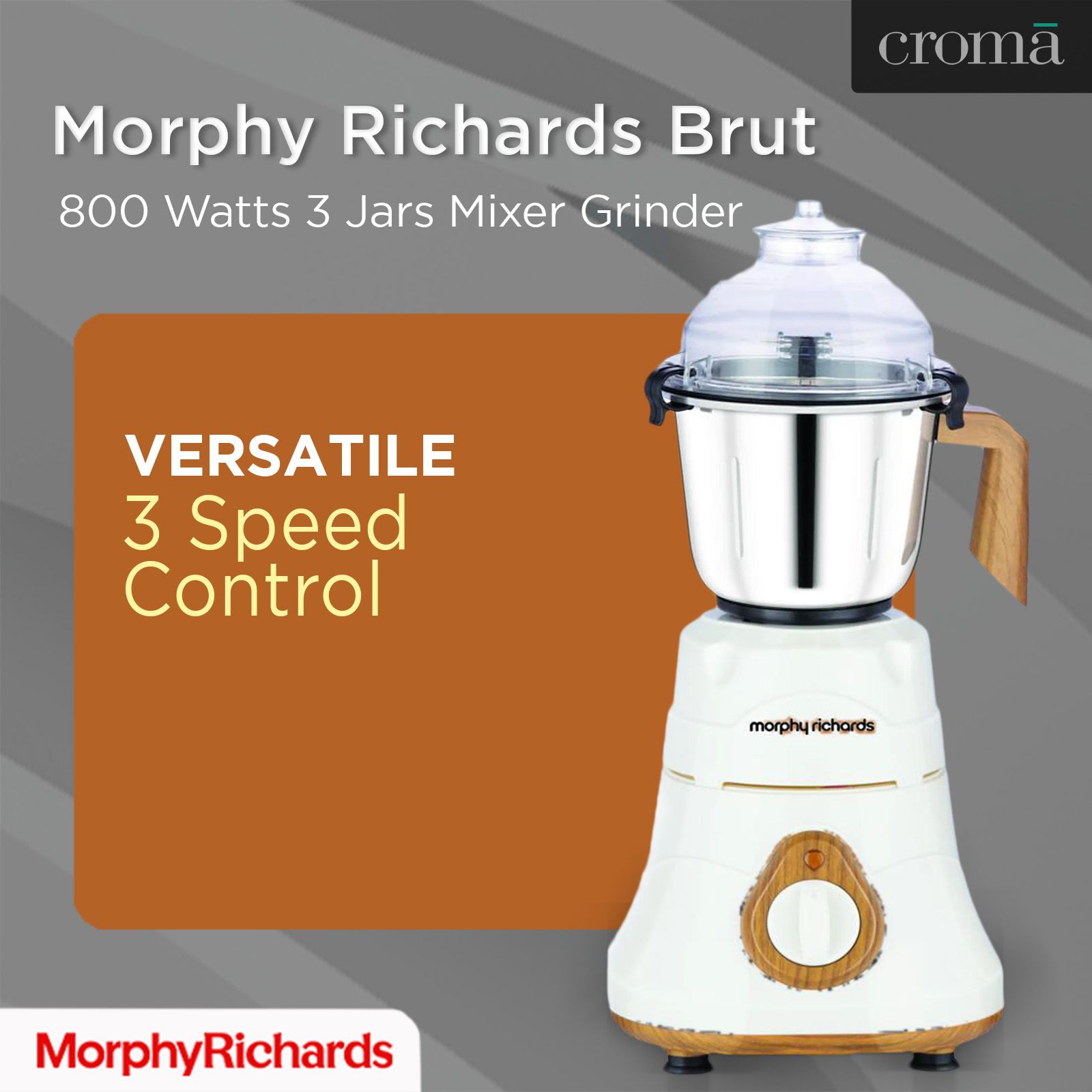 morphy richards Brut 800 Watts 3 Jars Mixer Grinder (Silicon Gaskets, 640110, Wood Finish with Parker White)_9