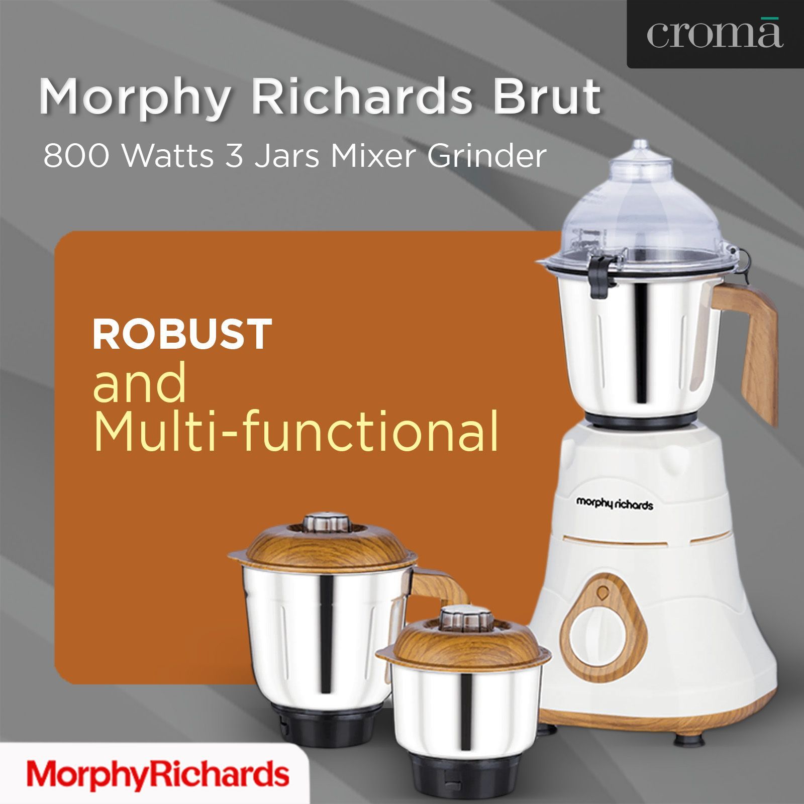 morphy richards Brut 800 Watts 3 Jars Mixer Grinder (Silicon Gaskets, 640110, Wood Finish with Parker White)_12