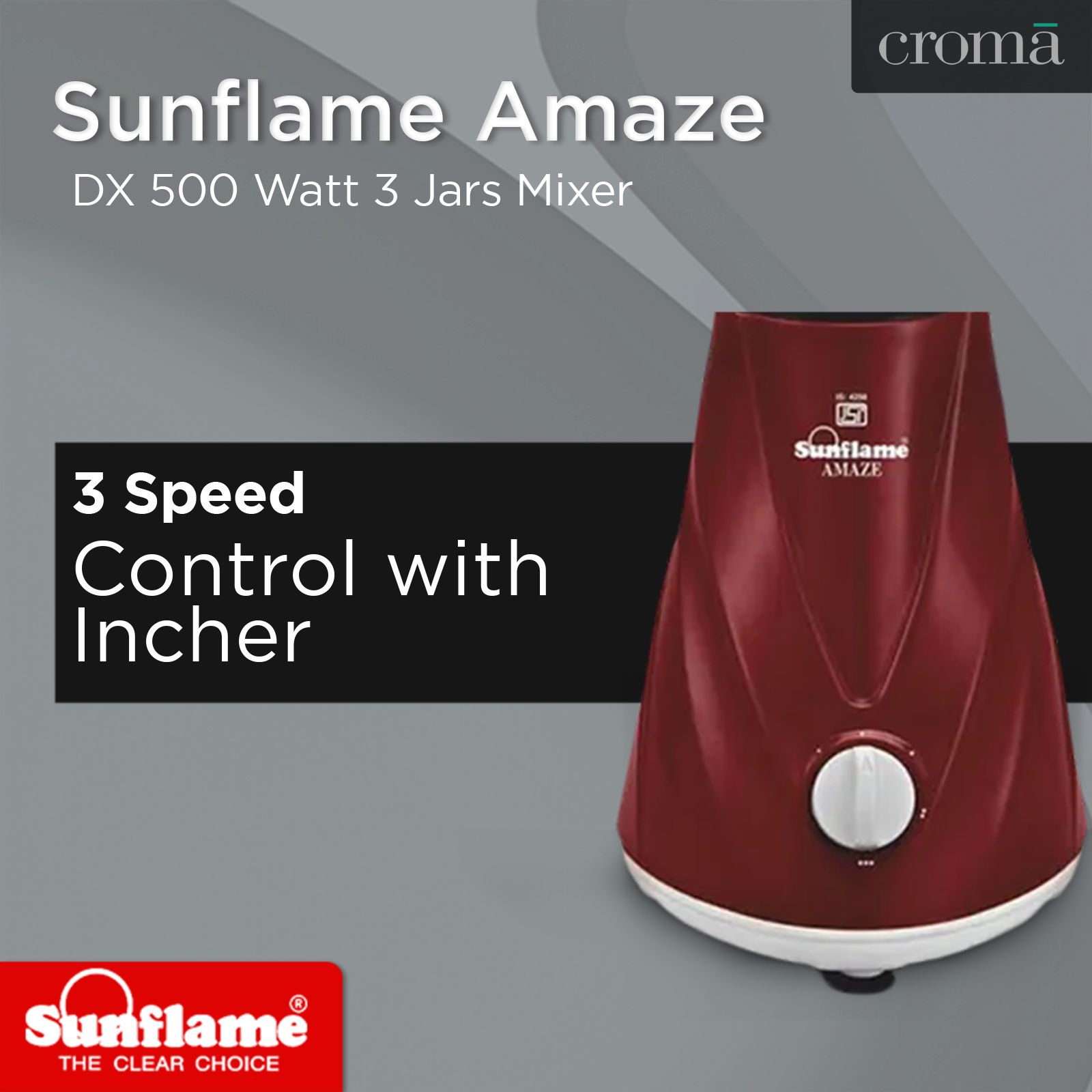 Sunflame AMAZE DX 500 Watt 3 Jars Mixer Grinder (3 Speed Control with Incher, Maroon)_7