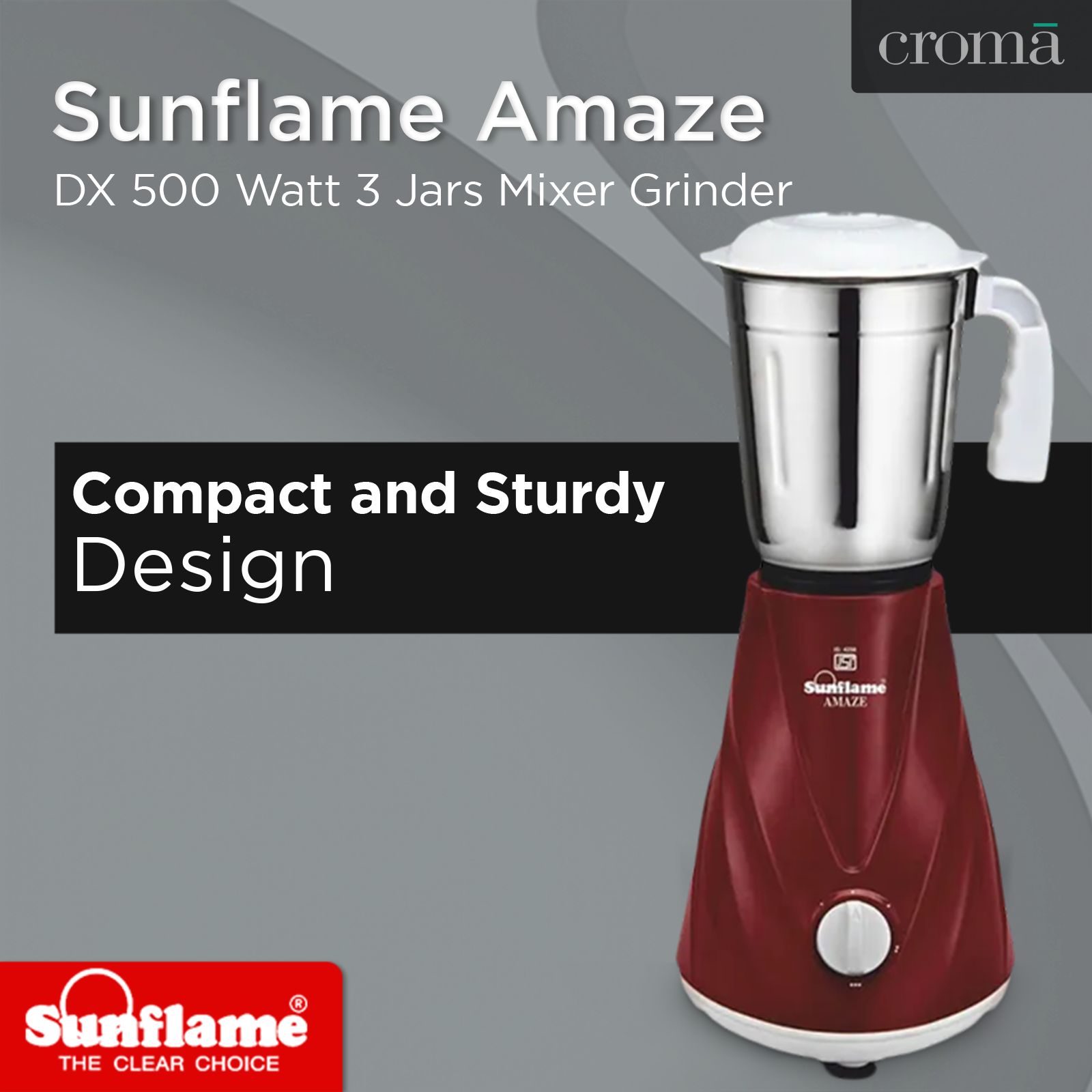 Sunflame AMAZE DX 500 Watt 3 Jars Mixer Grinder (3 Speed Control with Incher, Maroon)_9