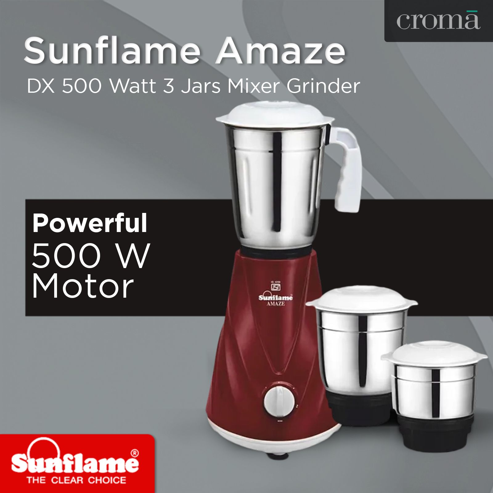 Sunflame AMAZE DX 500 Watt 3 Jars Mixer Grinder (3 Speed Control with Incher, Maroon)_5