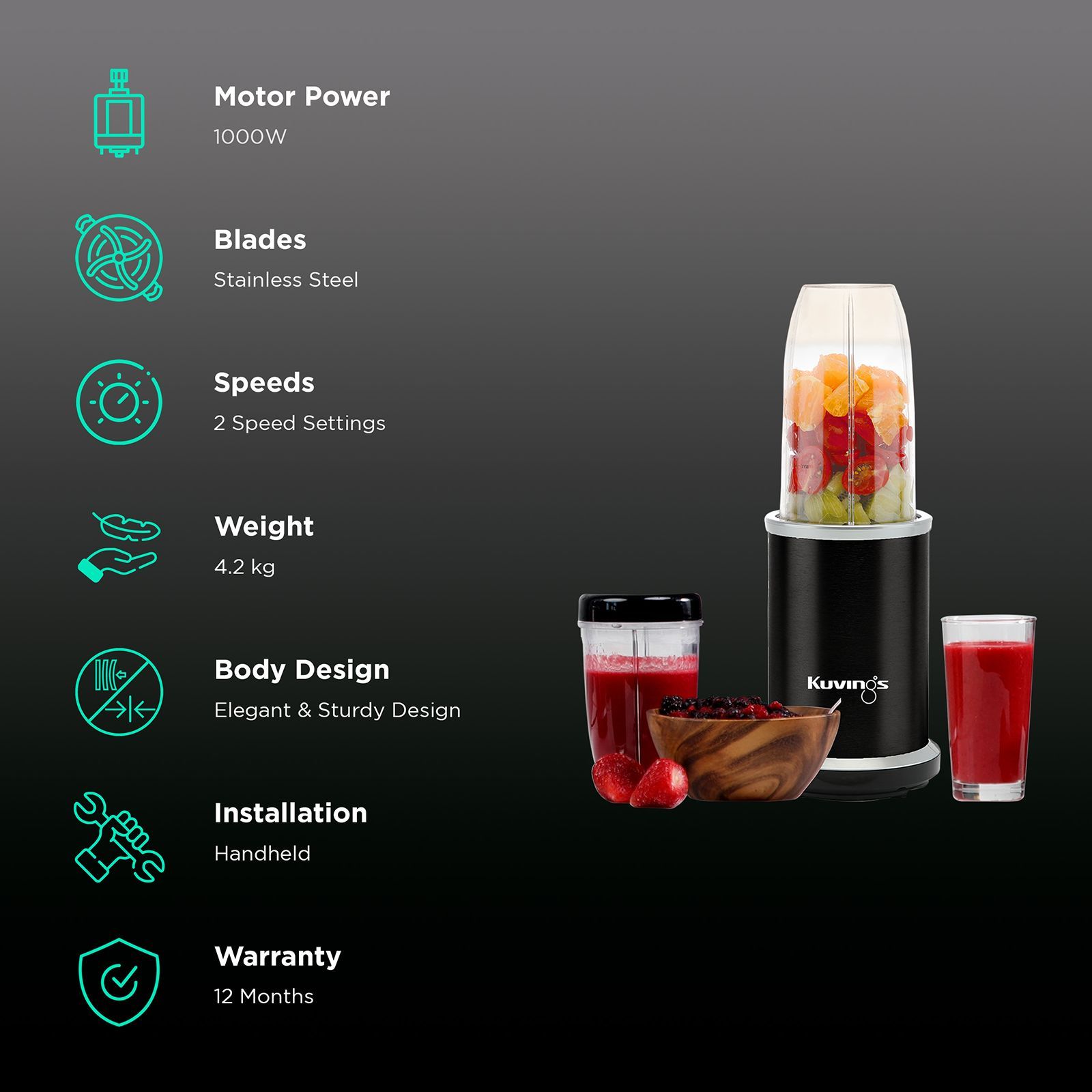 Kuvings Nutri 1000 Watt Hand Blender (Elegant and Sturdy Design, Phantom Black)_2
