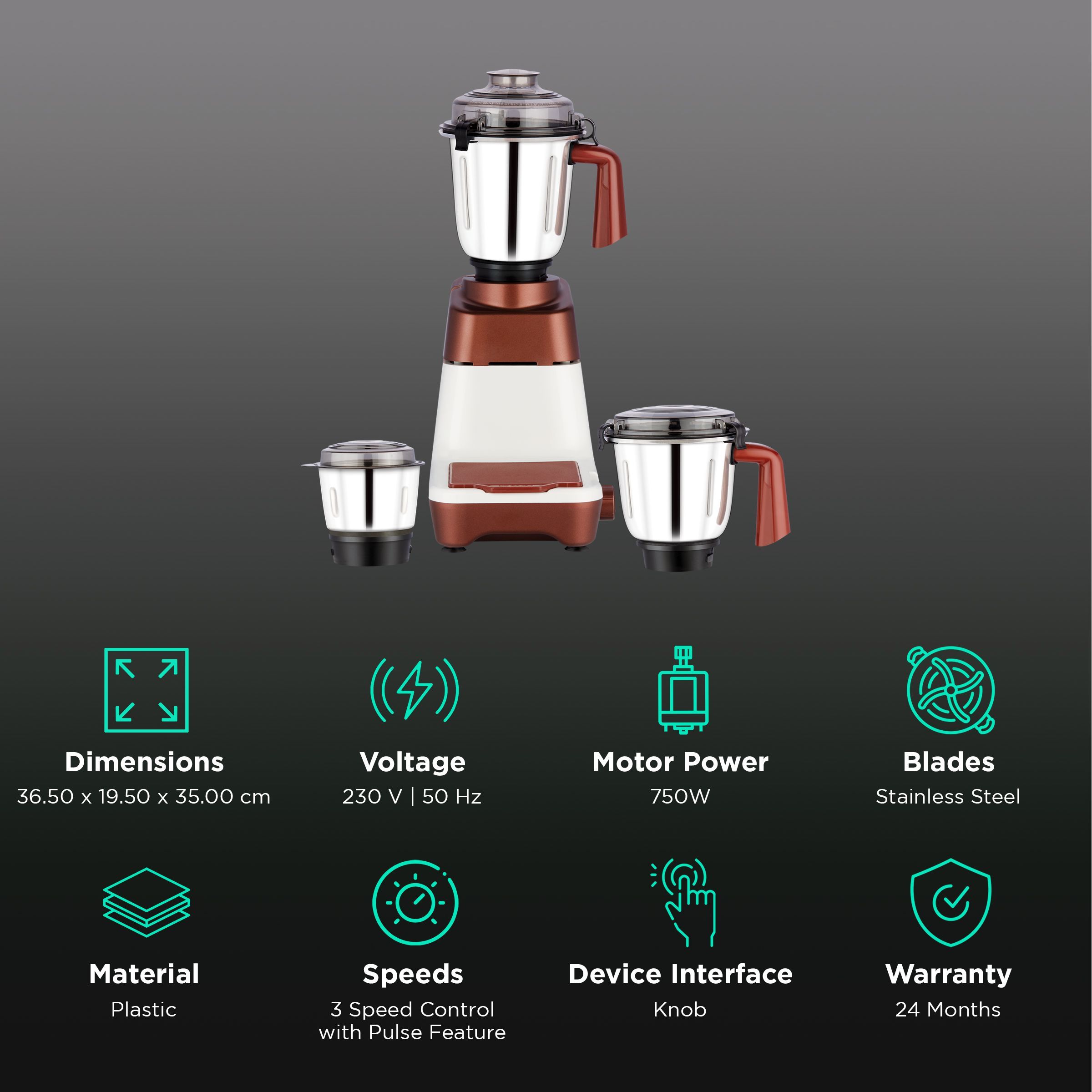 morphy richards Lush 750 Watt 3 Jars Mixer Grinder (Overload Protection, White/Metallic Brown)_2