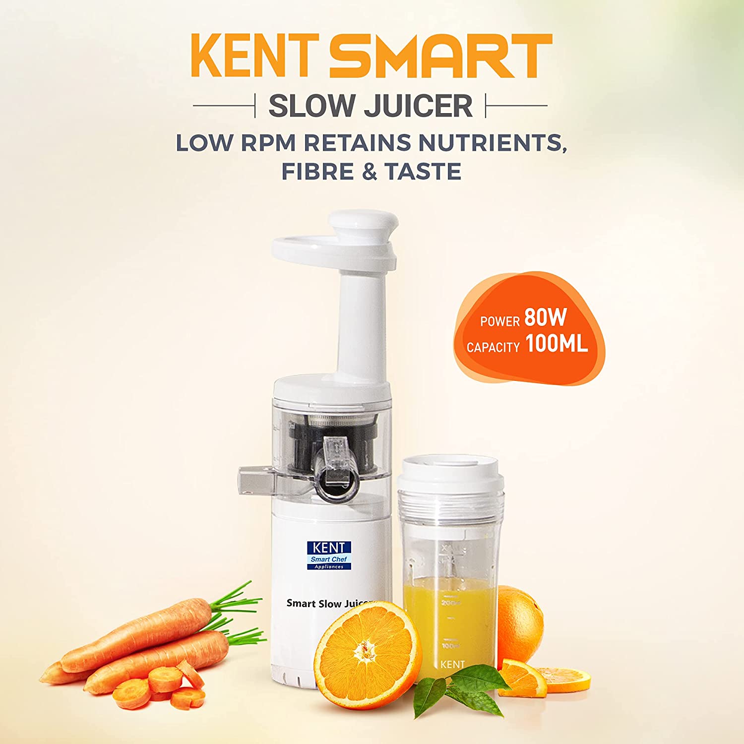 KENT Smart 80 Watt 1 Jar Slow Juicer (Low Speed Squeezing, White)_5