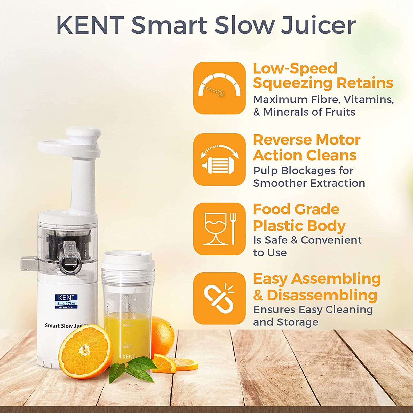 KENT Smart 80 Watt 1 Jar Slow Juicer (Low Speed Squeezing, White)_7