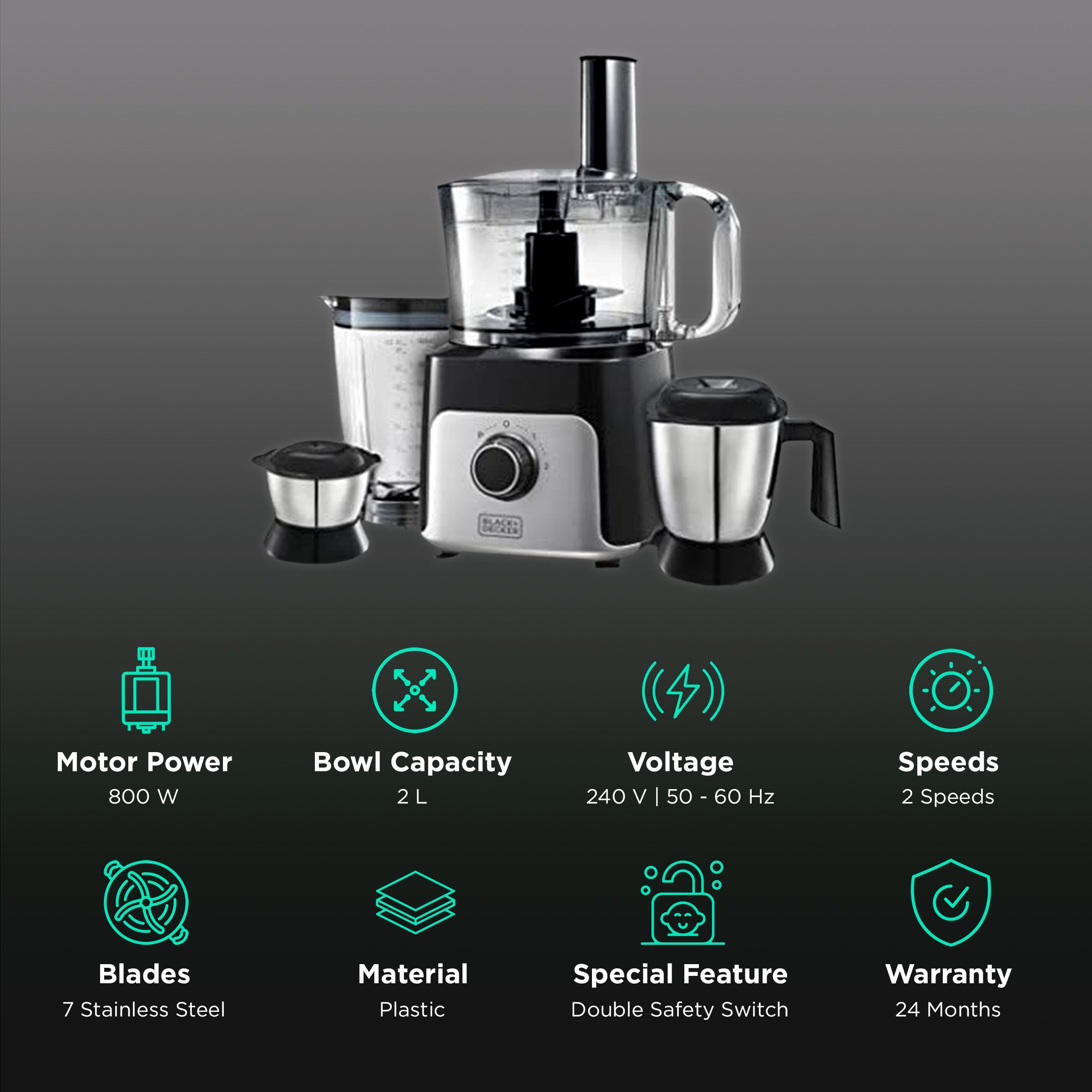 BLACK&DECKER 800 Watt Food Processor with 7 Blades (Black) BLACK&DECKER 800 Watt Food Processor with 7 Blades (Black)_2
