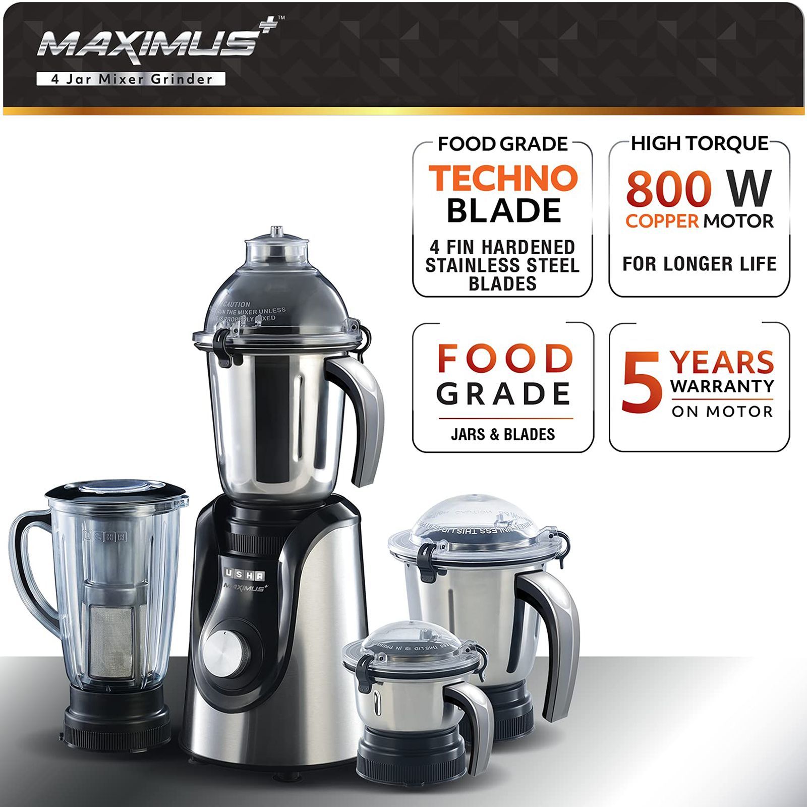 USHA Maximus Plus 800 Watt 4 Jars Mixer Grinder (21000 RPM, Overload Protection, Black)_17