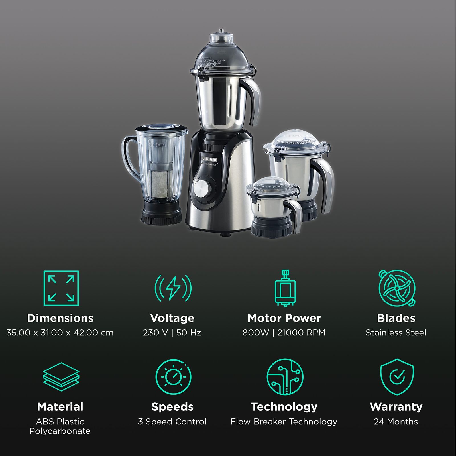 USHA Maximus Plus 800 Watt 4 Jars Mixer Grinder (21000 RPM, Overload Protection, Black)_2