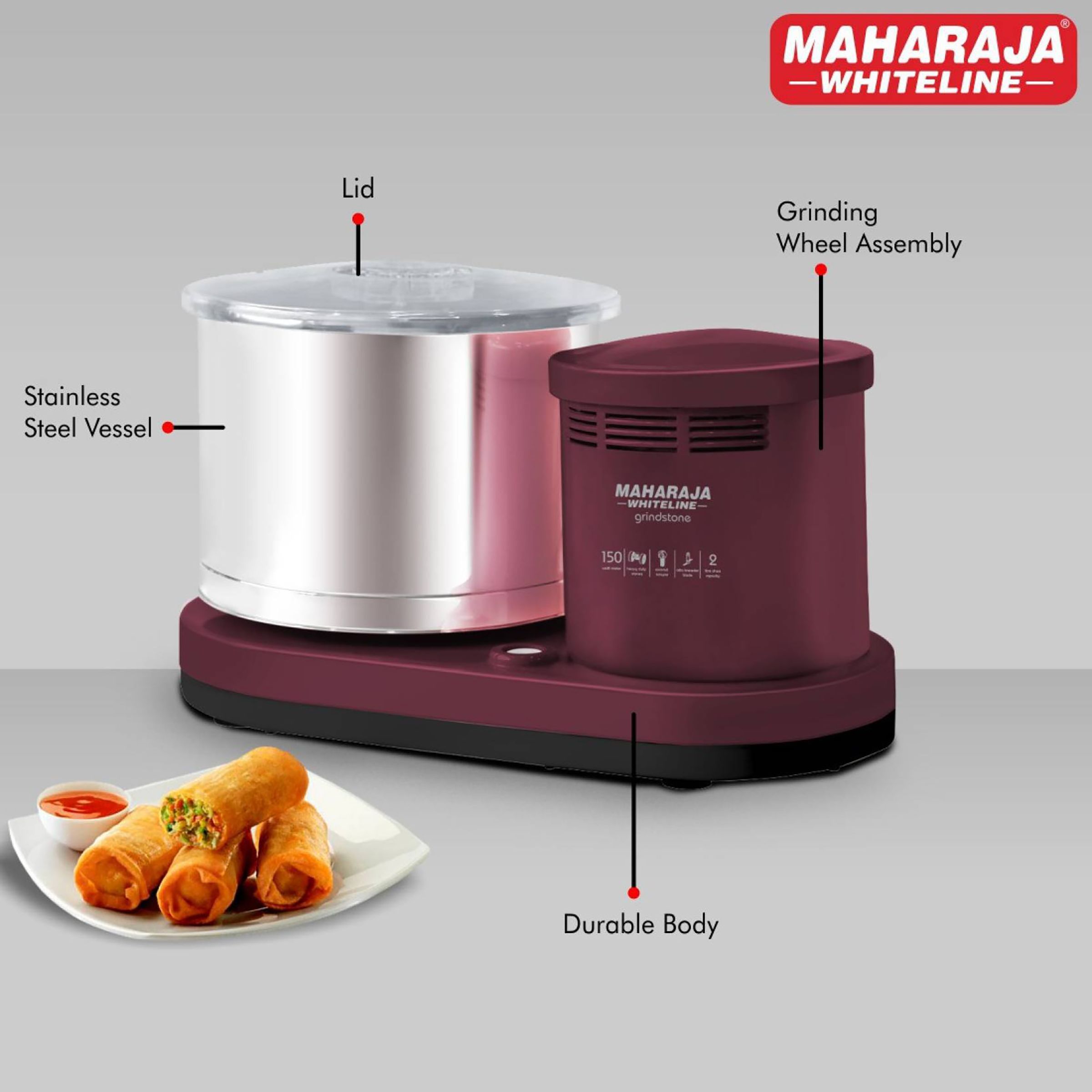 MAHARAJA WHITELINE Fortune 2 Litres 2 Stones Wet Grinder (Heavy Duty Operation, Cherry)_5