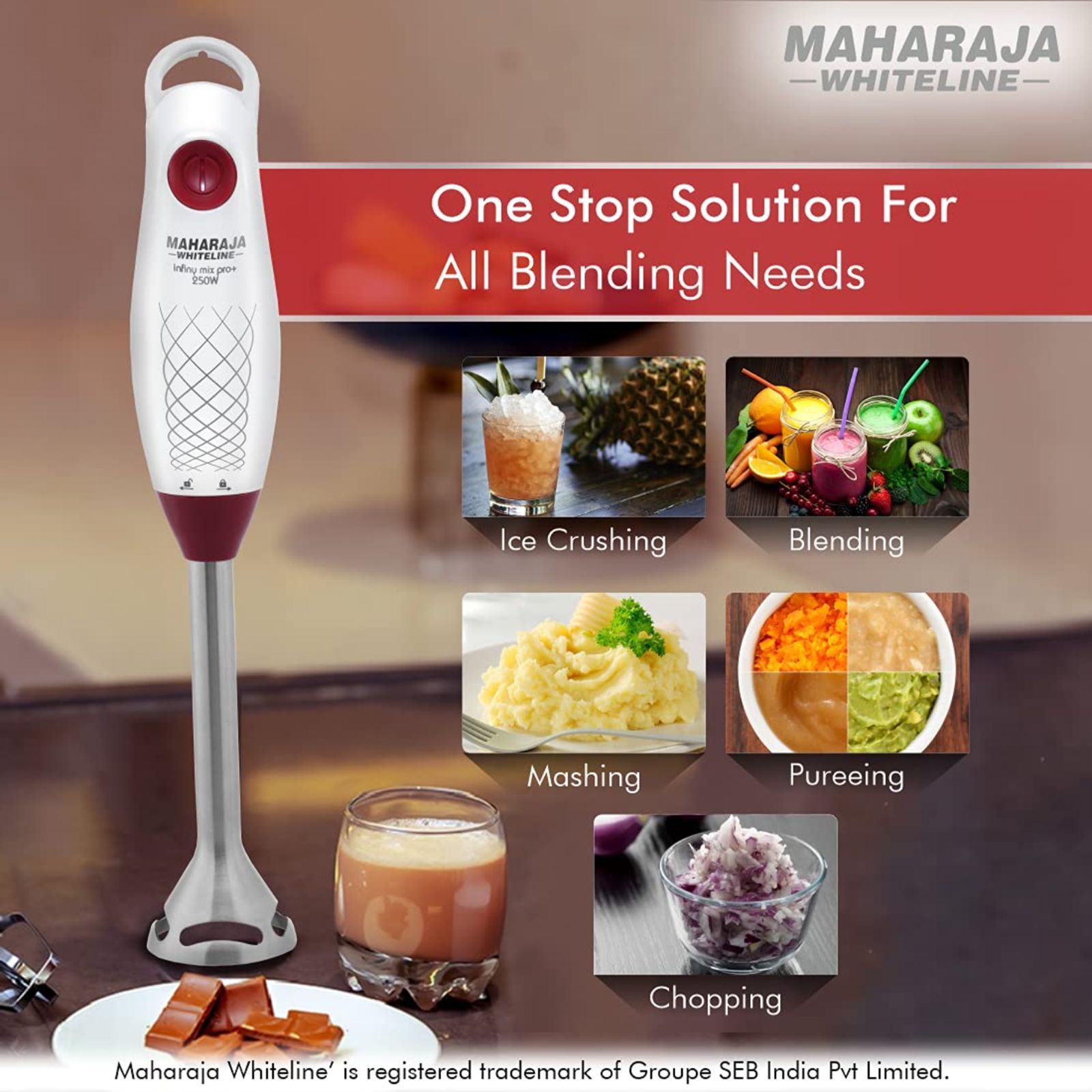 MAHARAJA WHITELINE Infiny Mix Pro+ 250 Watt Hand Blender with 3 Attachments (Ergonomic Handle, Red/White)_12