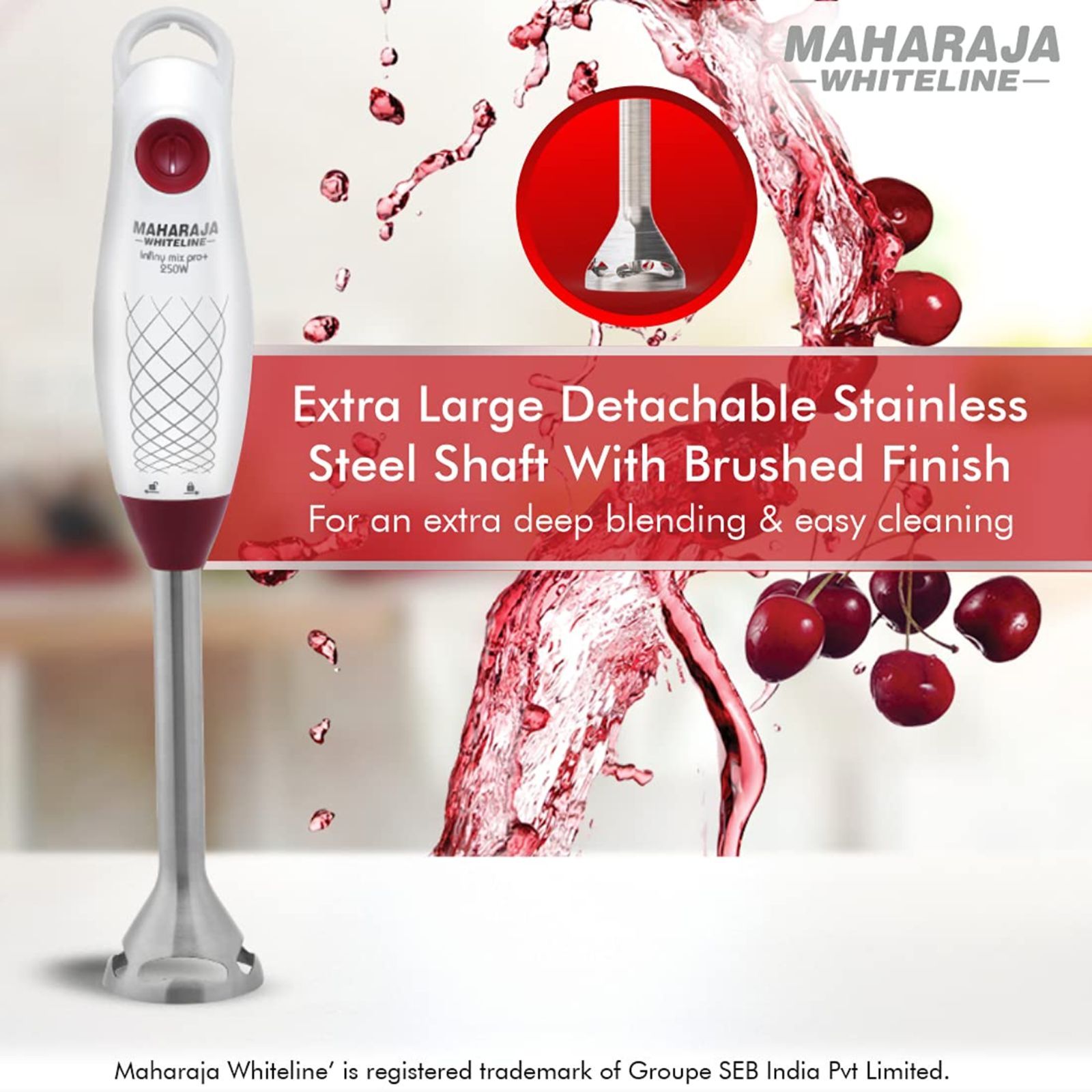MAHARAJA WHITELINE Infiny Mix Pro+ 250 Watt Hand Blender with 3 Attachments (Ergonomic Handle, Red/White)_14