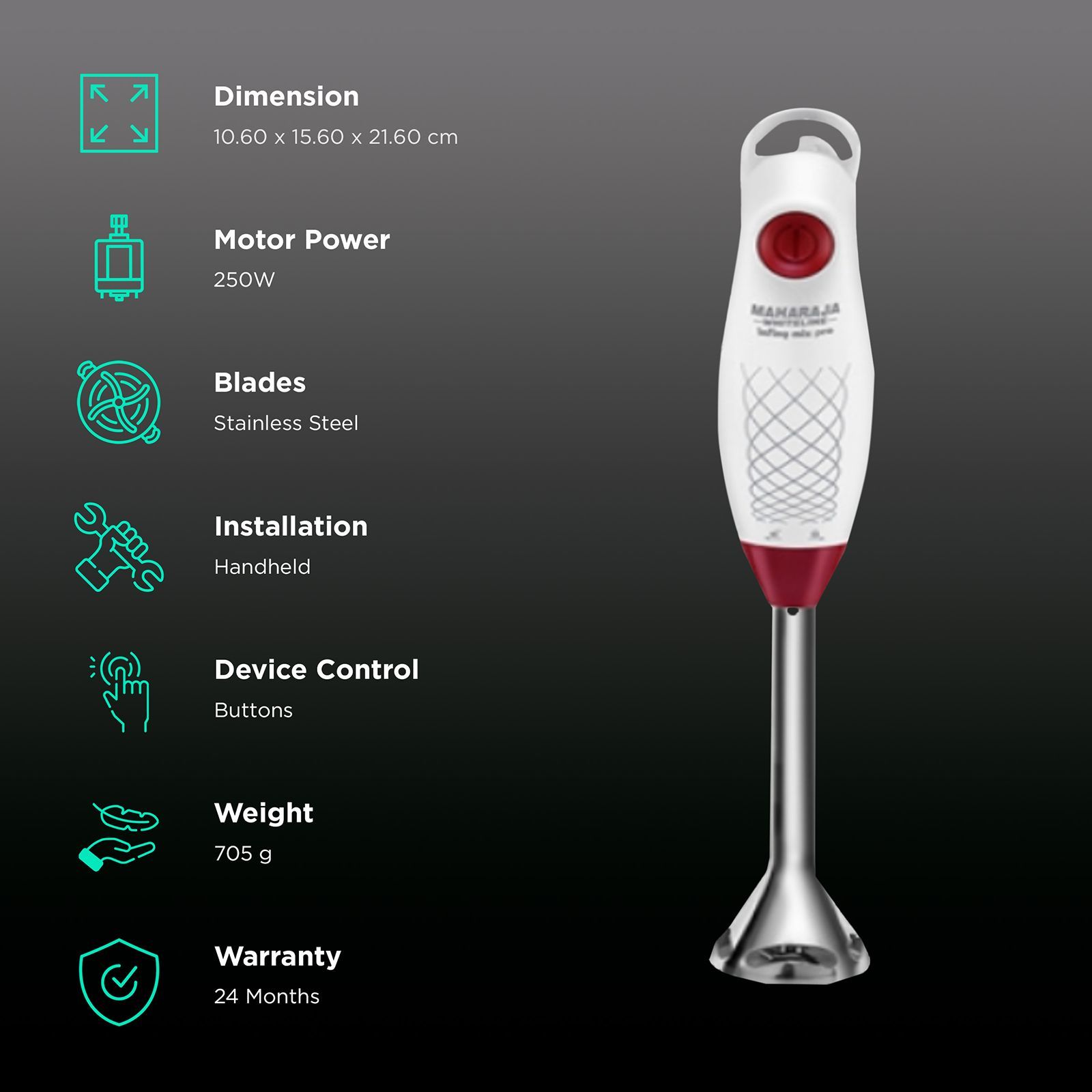 MAHARAJA WHITELINE Infiny Mix Pro+ 250 Watt Hand Blender with 3 Attachments (Ergonomic Handle, Red/White)_2