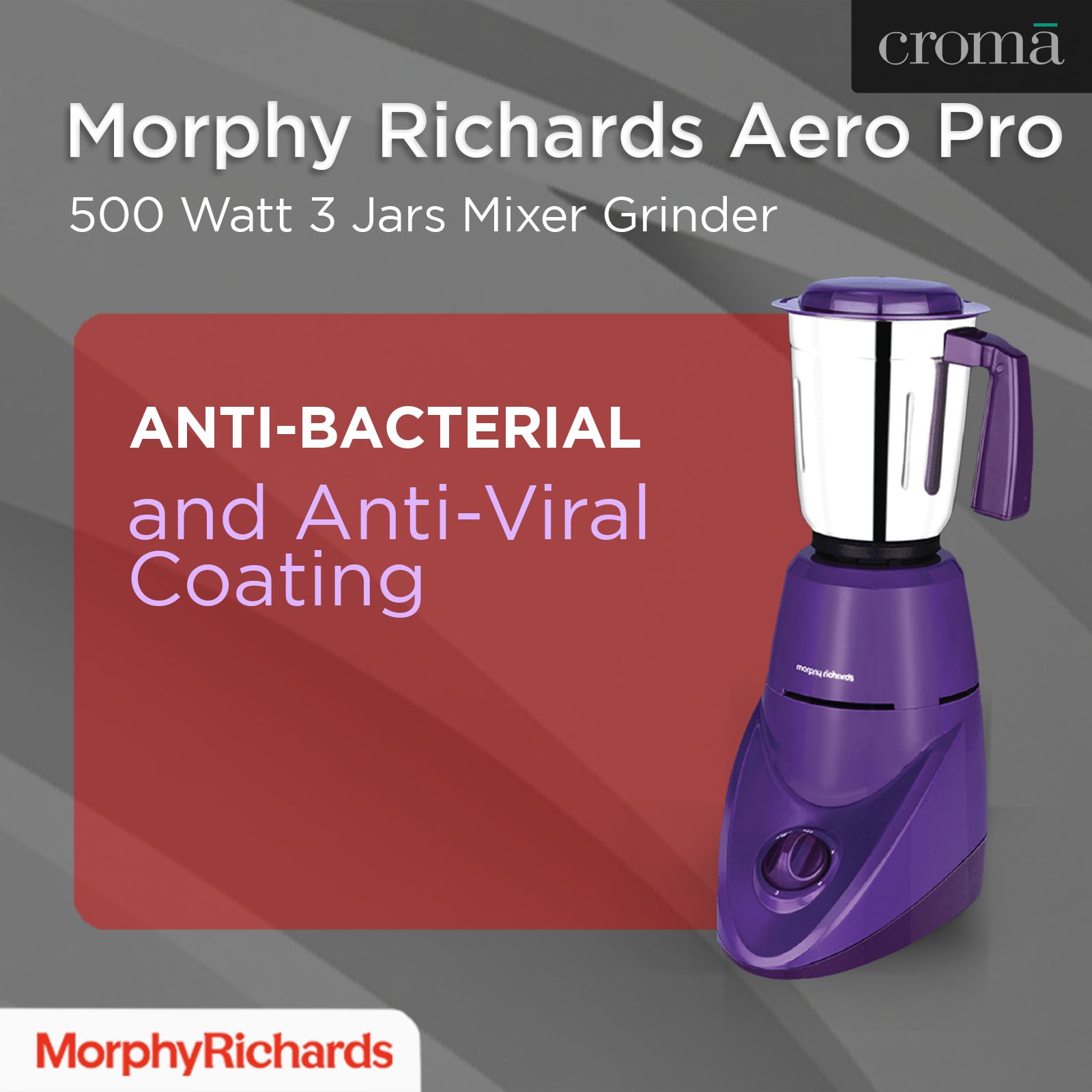 Morphy Richards Aero Pro 500 Watt 3 Jars Mixer Grinder (2000 RPM, Overload Protection, Purple)_7