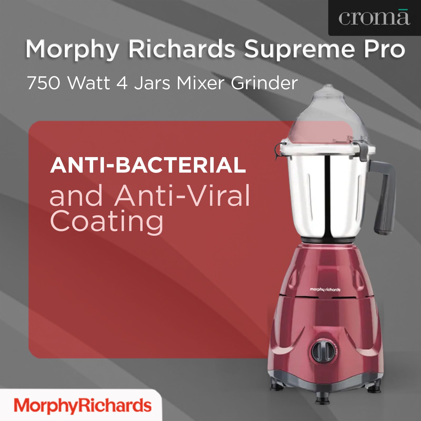 Morphy Richards Supreme Pro 750 Watt 4 Jars Mixer Grinder (Overload Protection, Metallic Wine Red)_10