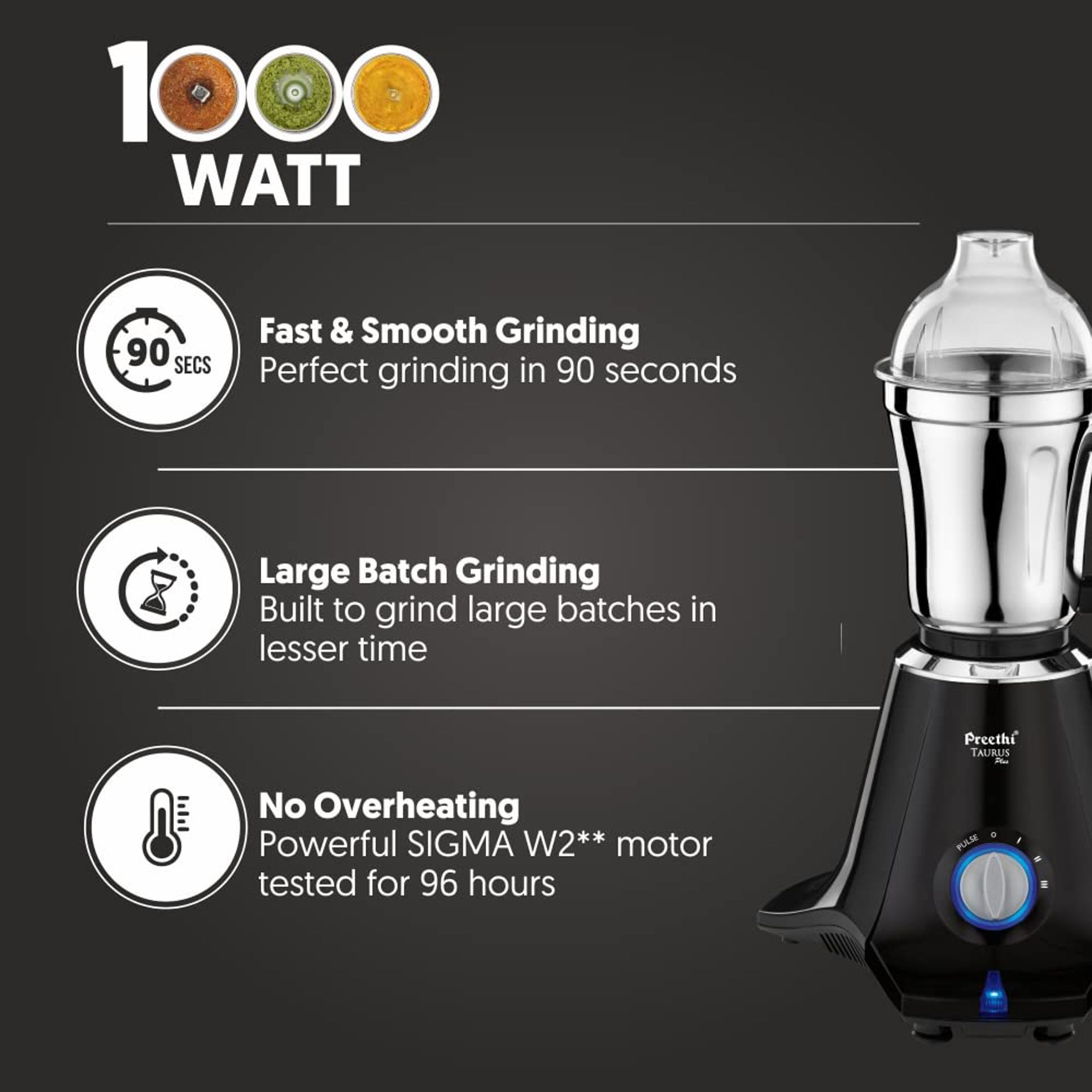 Preethi Taurus Plus 1000 Watt 4 Jars Juicer Mixer Grinder (19000 RPM, 3D Cooling System, Black)_6