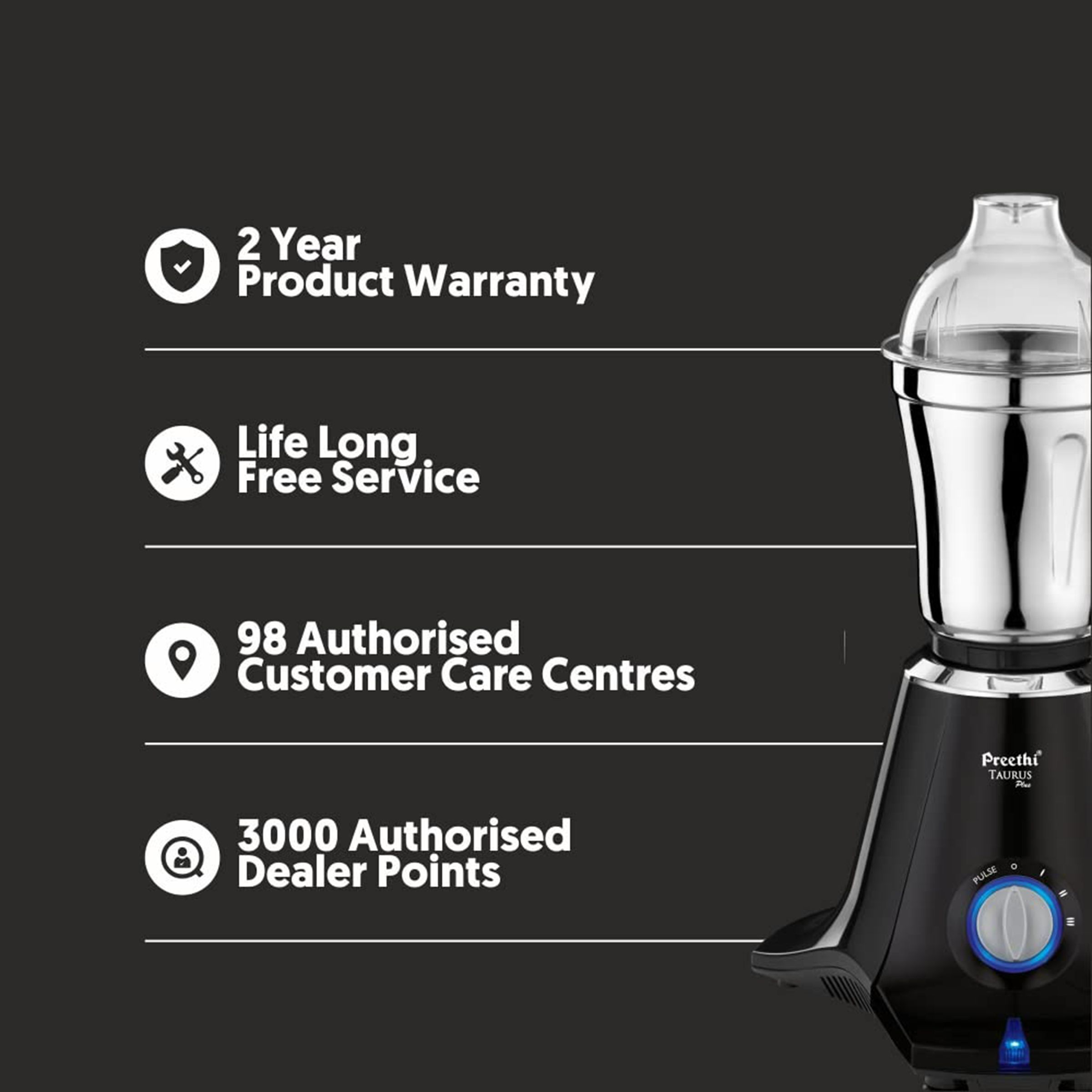 Preethi Taurus Plus 1000 Watt 4 Jars Juicer Mixer Grinder (19000 RPM, 3D Cooling System, Black)_8