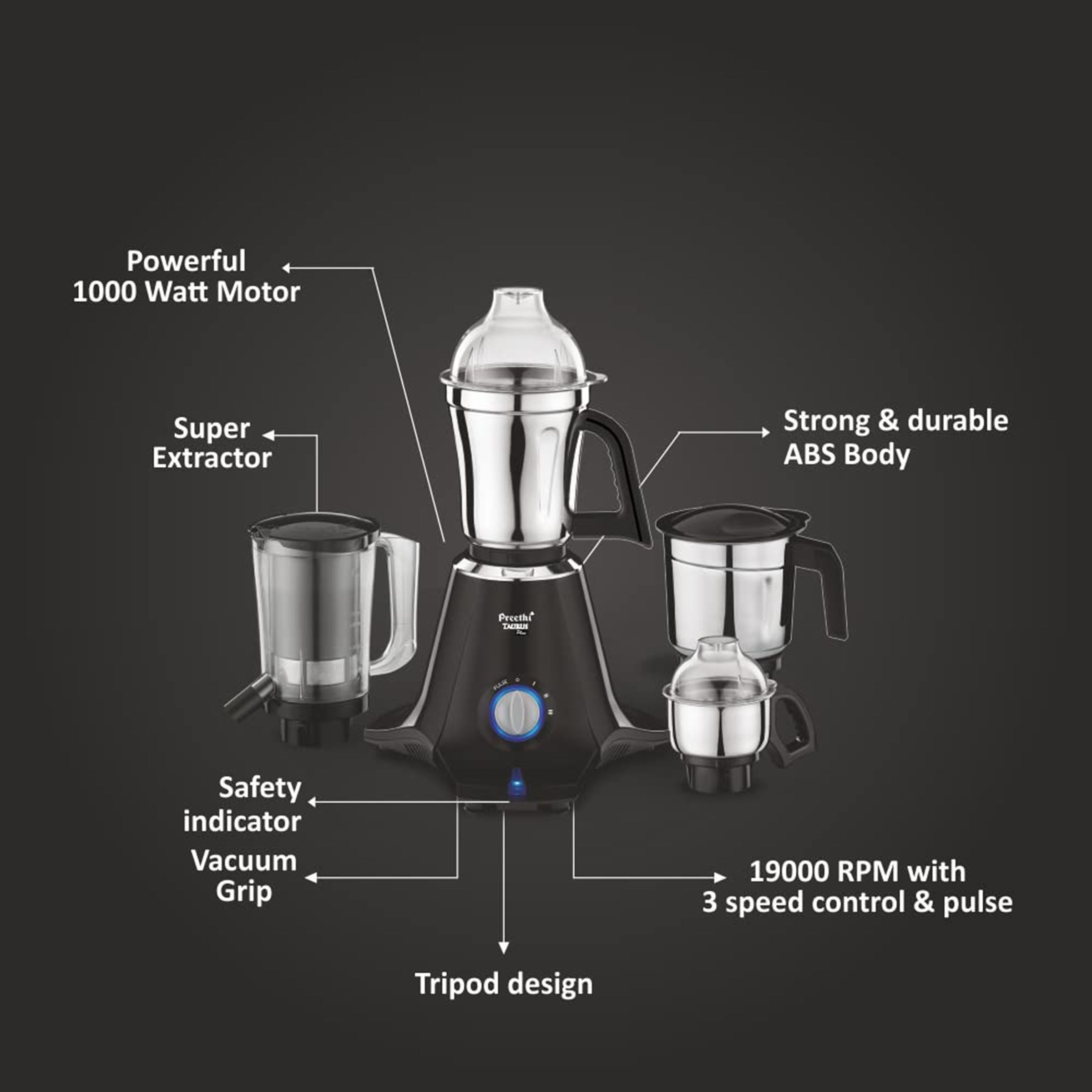Preethi Taurus Plus 1000 Watt 4 Jars Juicer Mixer Grinder (19000 RPM, 3D Cooling System, Black)_11