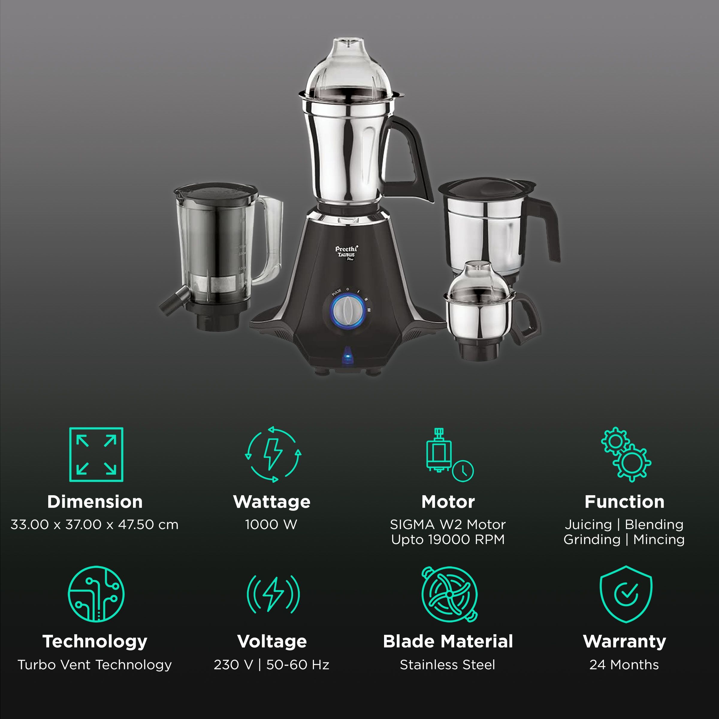Preethi Taurus Plus 1000 Watt 4 Jars Juicer Mixer Grinder (19000 RPM, 3D Cooling System, Black)_2