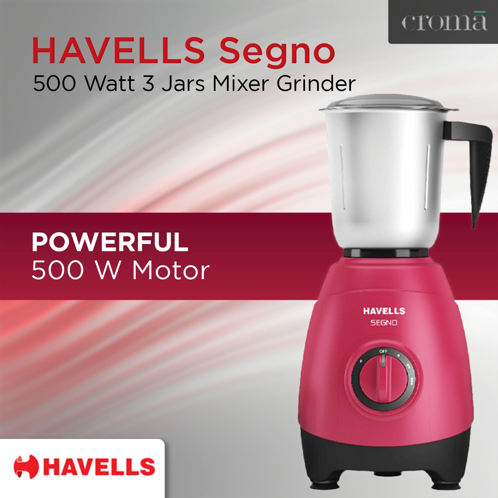 HAVELLS Segno 500 Watt 3 Jars Mixer Grinder (21000 RPM, 3 Speed Control with Pulse Function, Pink) HAVELLS Segno 500 Watt 3 Jars Mixer Grinder (21000 RPM, 3 Speed Control with Pulse Function, Pink)_6