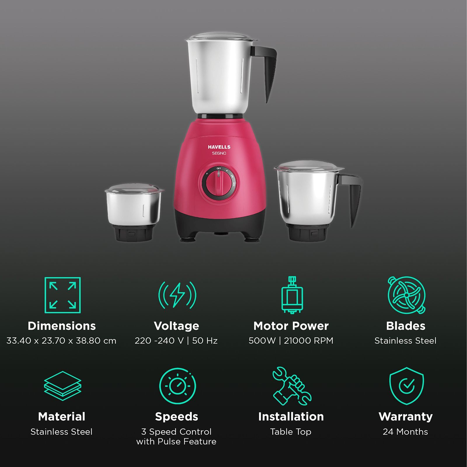 HAVELLS Segno 500 Watt 3 Jars Mixer Grinder (21000 RPM, 3 Speed Control with Pulse Function, Pink) HAVELLS Segno 500 Watt 3 Jars Mixer Grinder (21000 RPM, 3 Speed Control with Pulse Function, Pink)_2