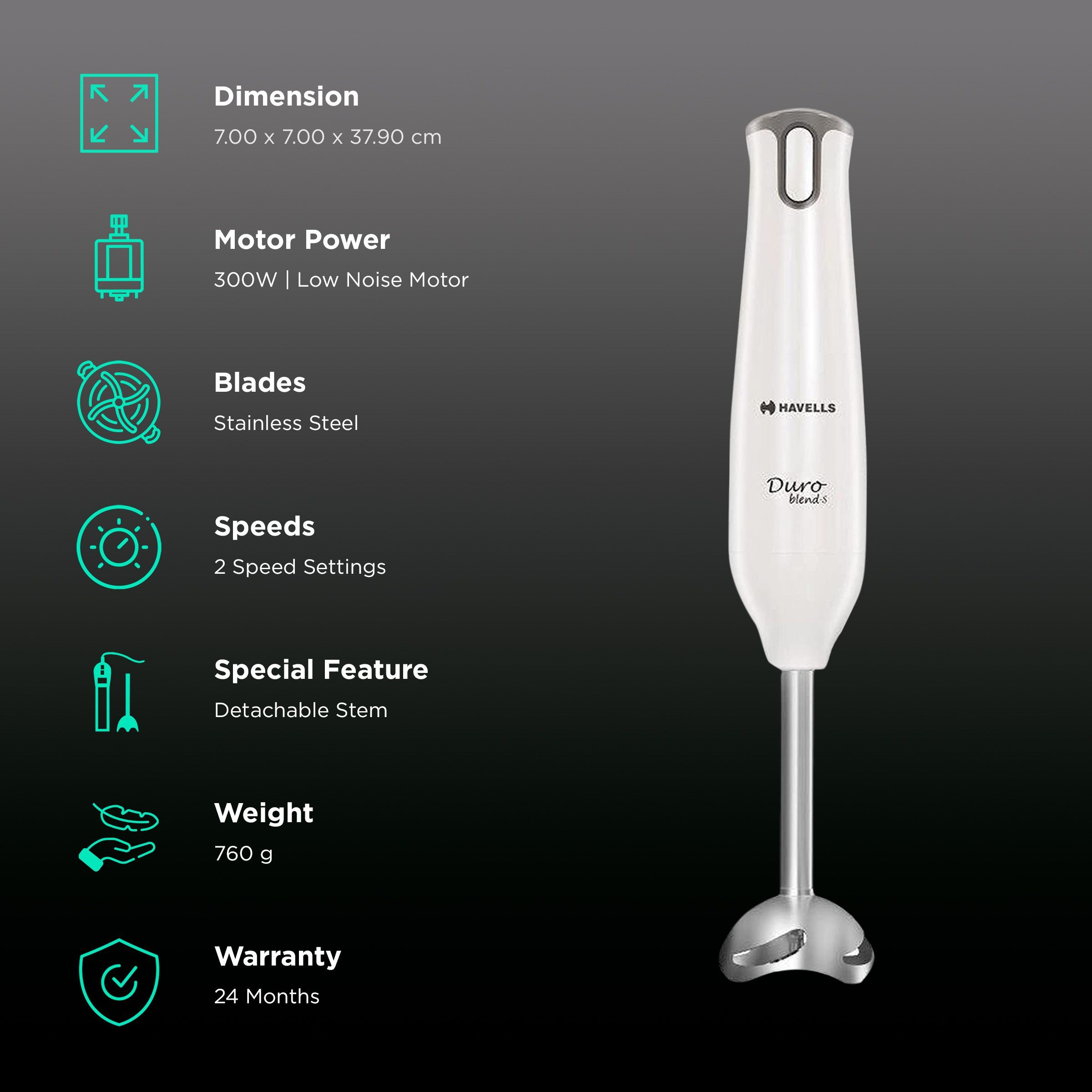 HAVELLS Duro Blend - S 300 Watt 2 Speed Hand Blender (Detachable Stem, White)_2