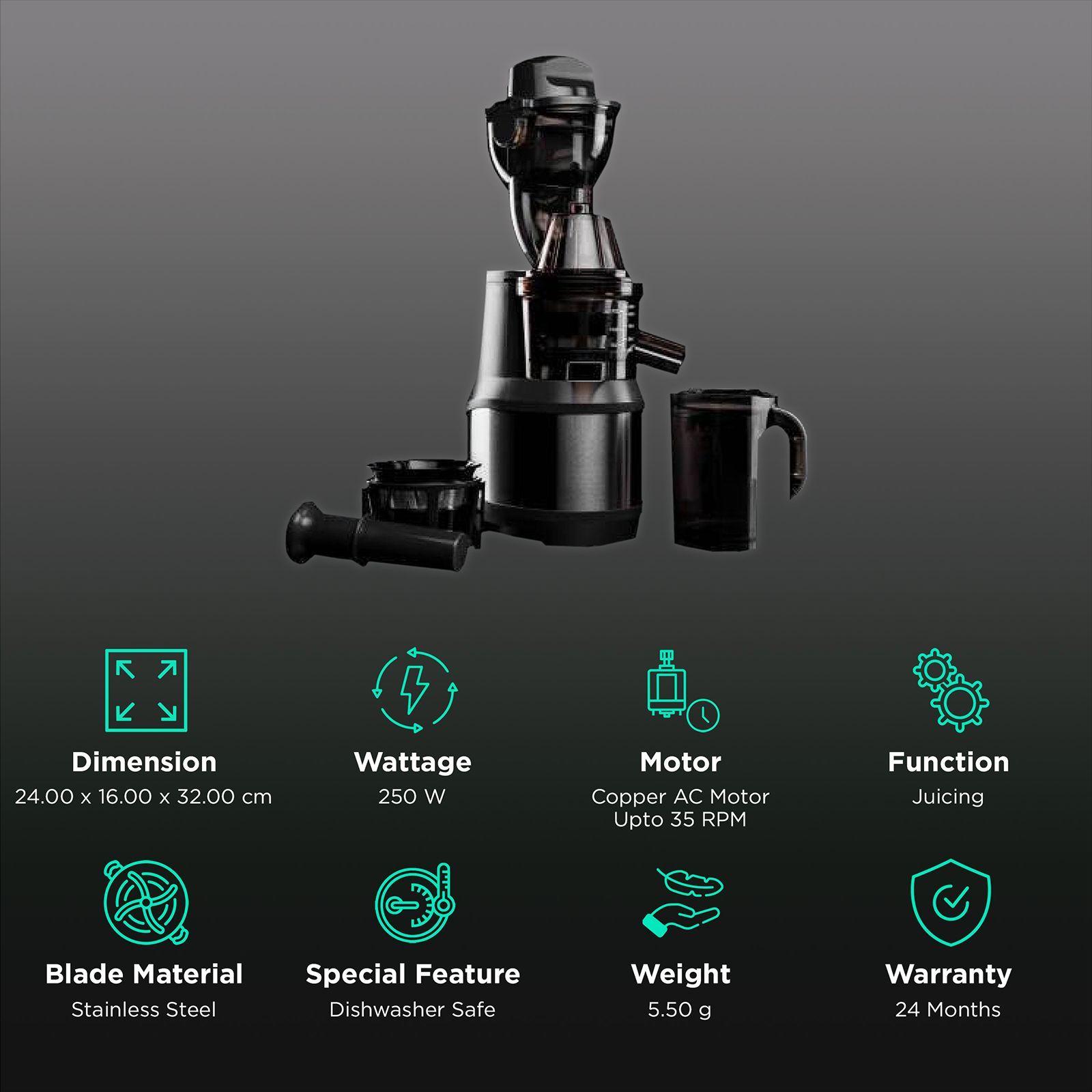 HAFELE Magnus 250 Watt Cold Press Juicer (35 RPM, Vertical Masticating Mechanism, Black)_2