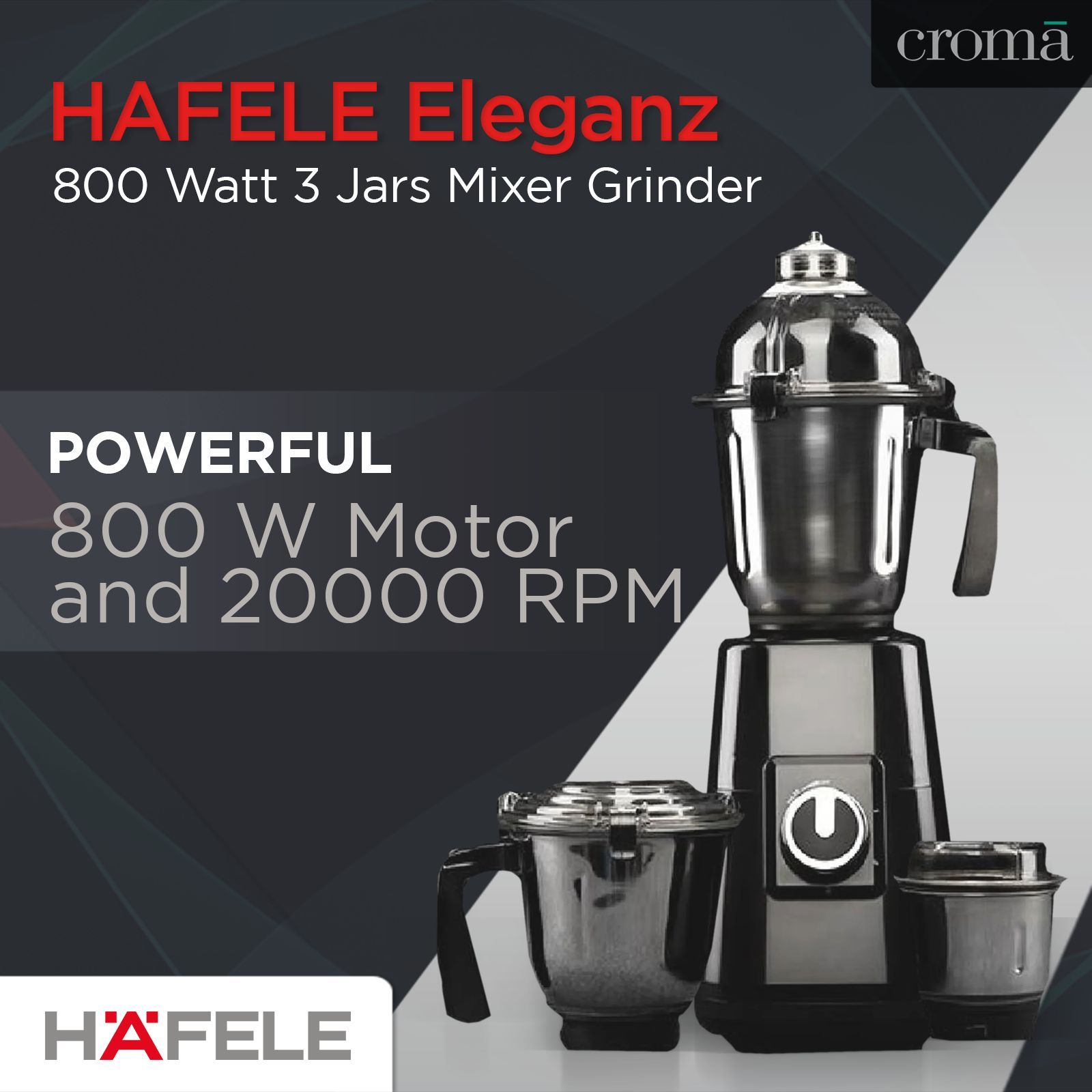HAFELE Eleganz 800 Watt 3 Jars Mixer Grinder (20000 RPM, 3 Speed Control with Pulse Function, Black)_17