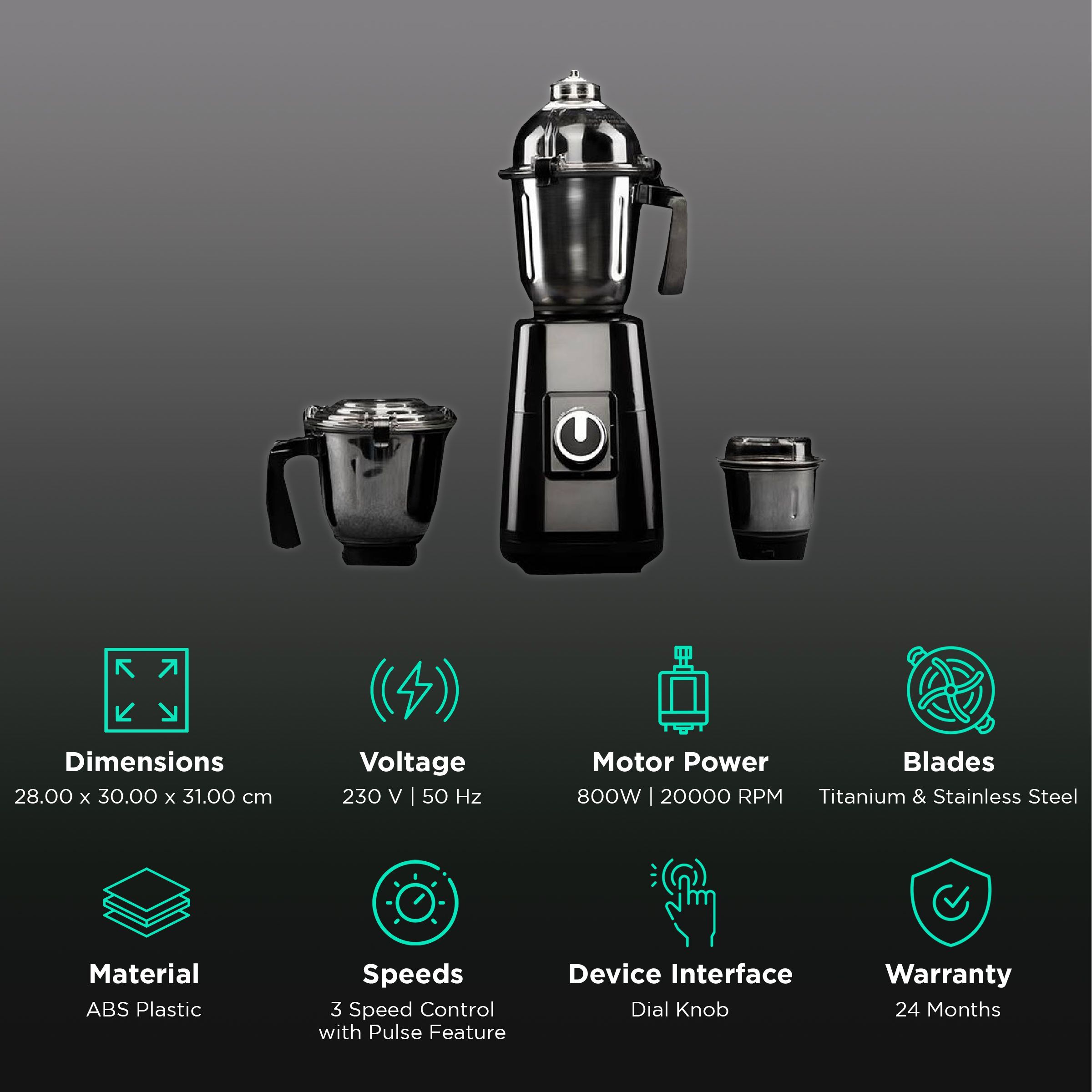 HAFELE Eleganz 800 Watt 3 Jars Mixer Grinder (20000 RPM, 3 Speed Control with Pulse Function, Black)_2