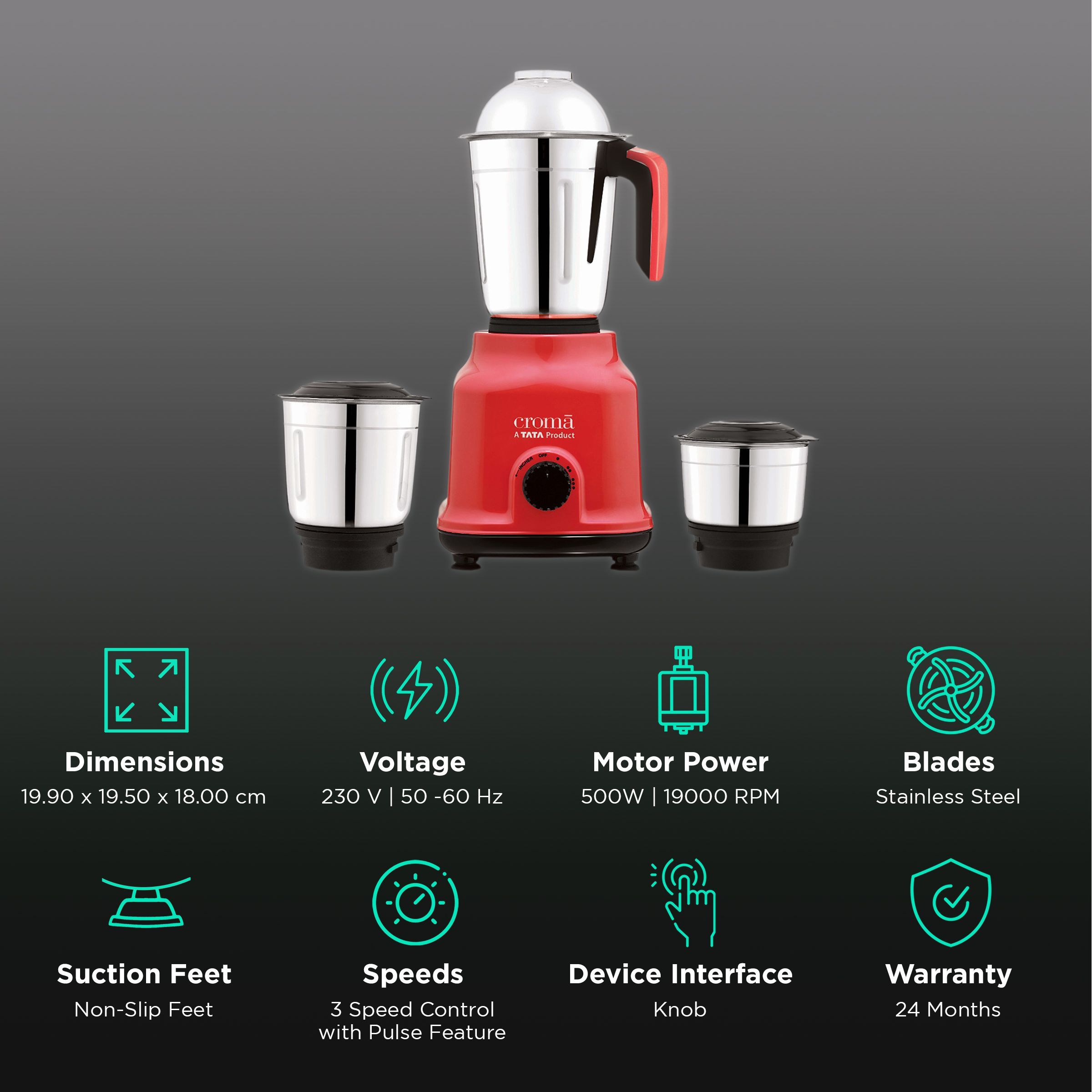 Croma 500 Watt 3 Jars Mixer Grinder (19000 RPM, Shock Proof Body, Red)_2