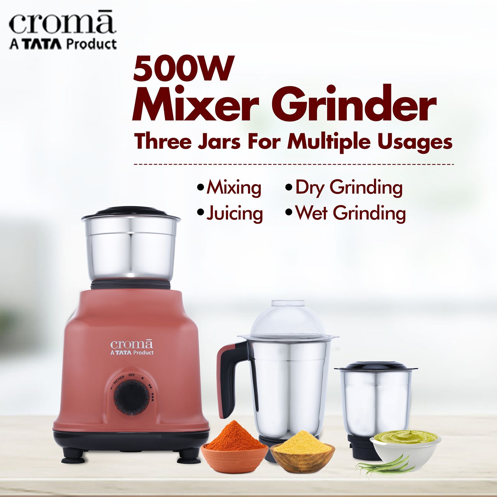 Croma 500 Watt 3 Jars Mixer Grinder (19000 RPM, Shock Proof Body, Red)_5