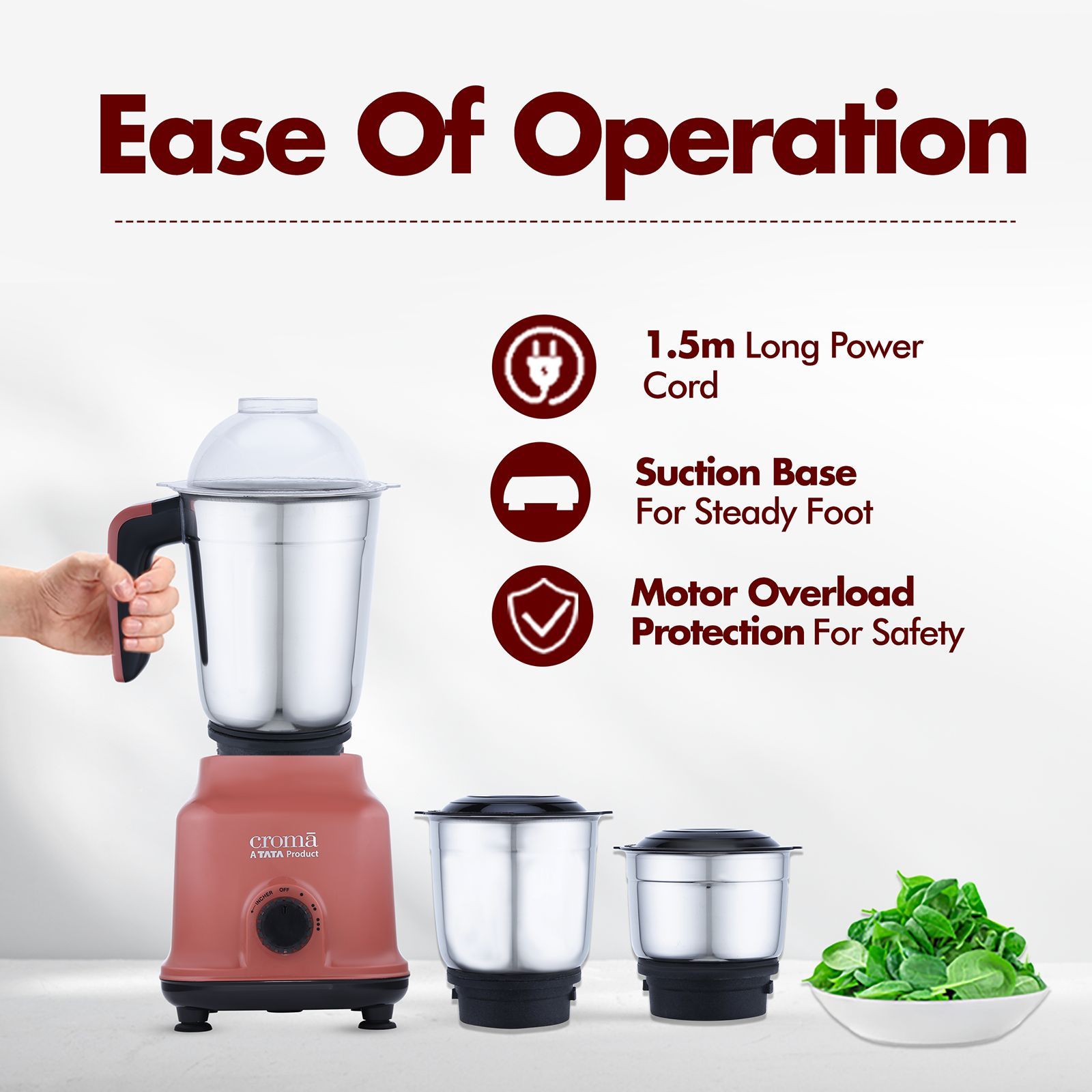 Croma 500 Watt 3 Jars Mixer Grinder (19000 RPM, Shock Proof Body, Red)_7