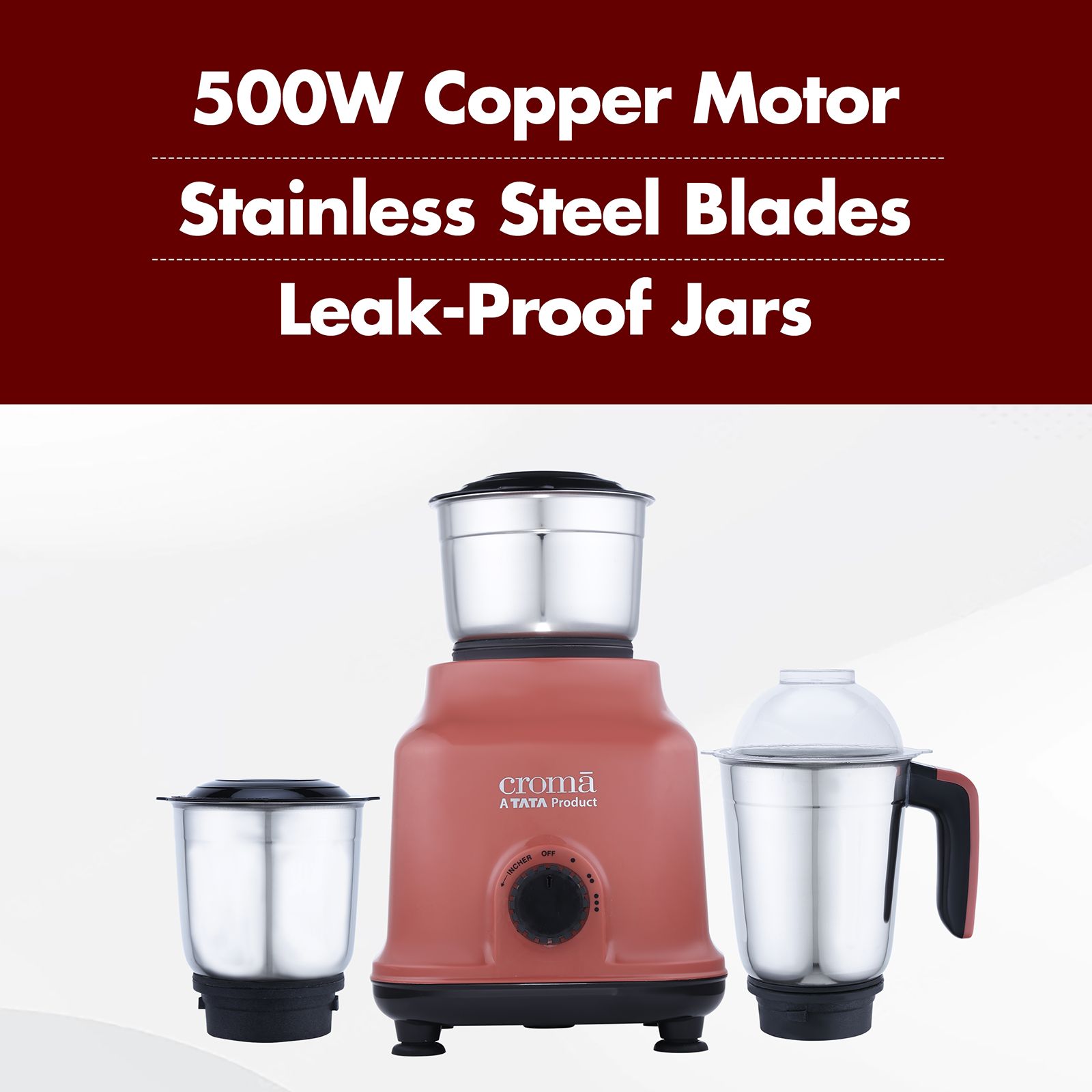 Croma 500 Watt 3 Jars Mixer Grinder (19000 RPM, Shock Proof Body, Red)_8