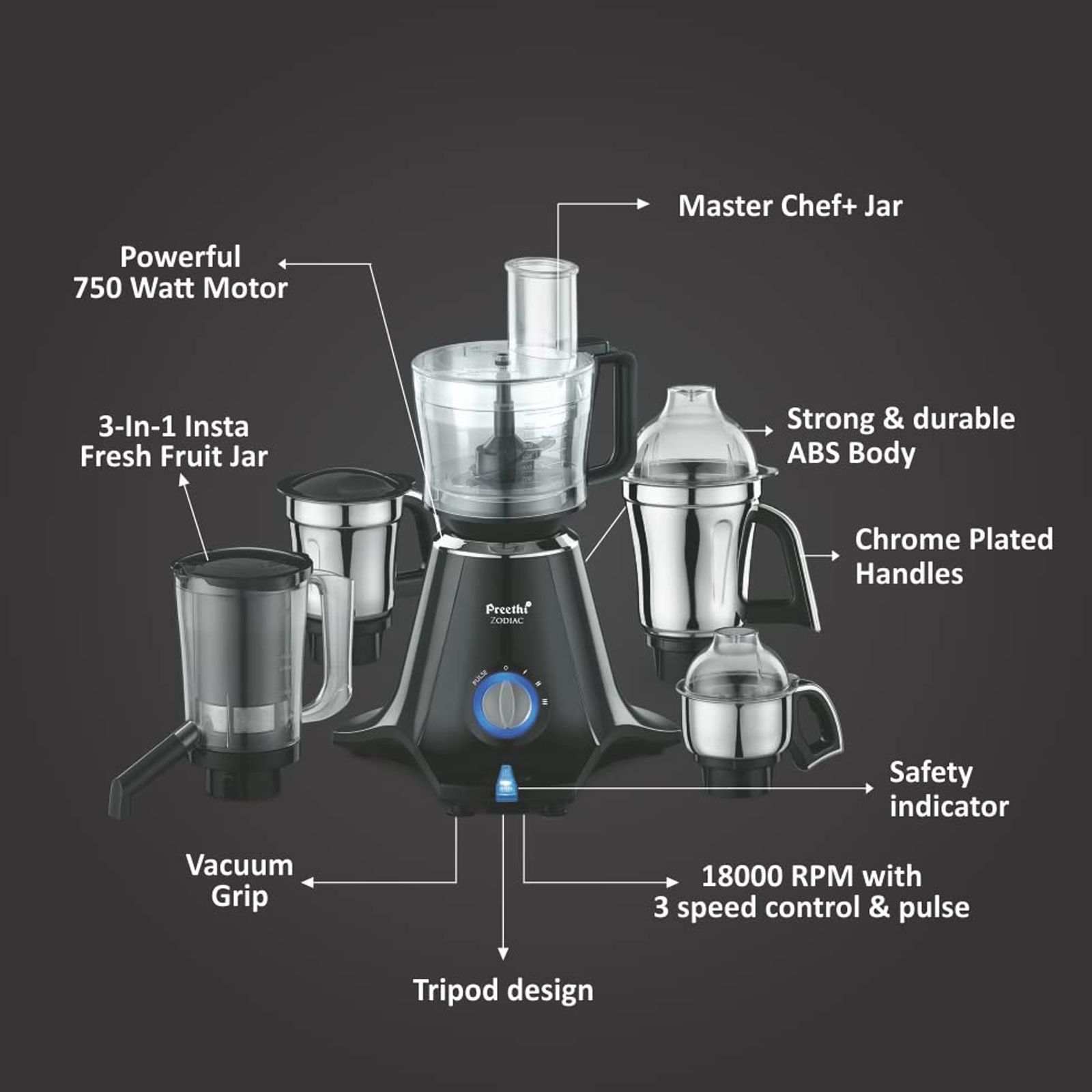 Preethi Zodiac Series 750 Watt 5 Jars Juicer Mixer Grinder (Motor Overload Protection, Black)_3