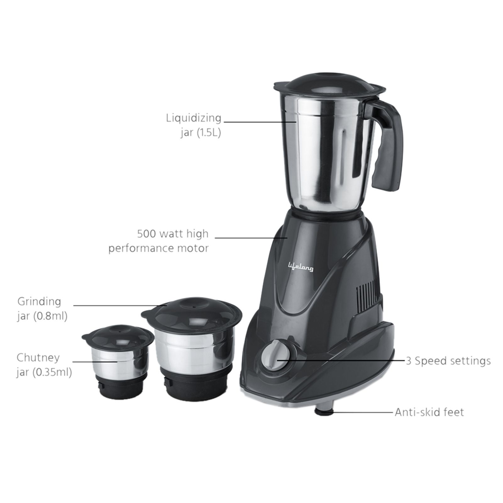 Lifelong Infinia 500 Watt 3 Jars Mixer Grinder (Overload Protection, Grey) Lifelong Infinia 500 Watt 3 Jars Mixer Grinder (Overload Protection, Grey)_10