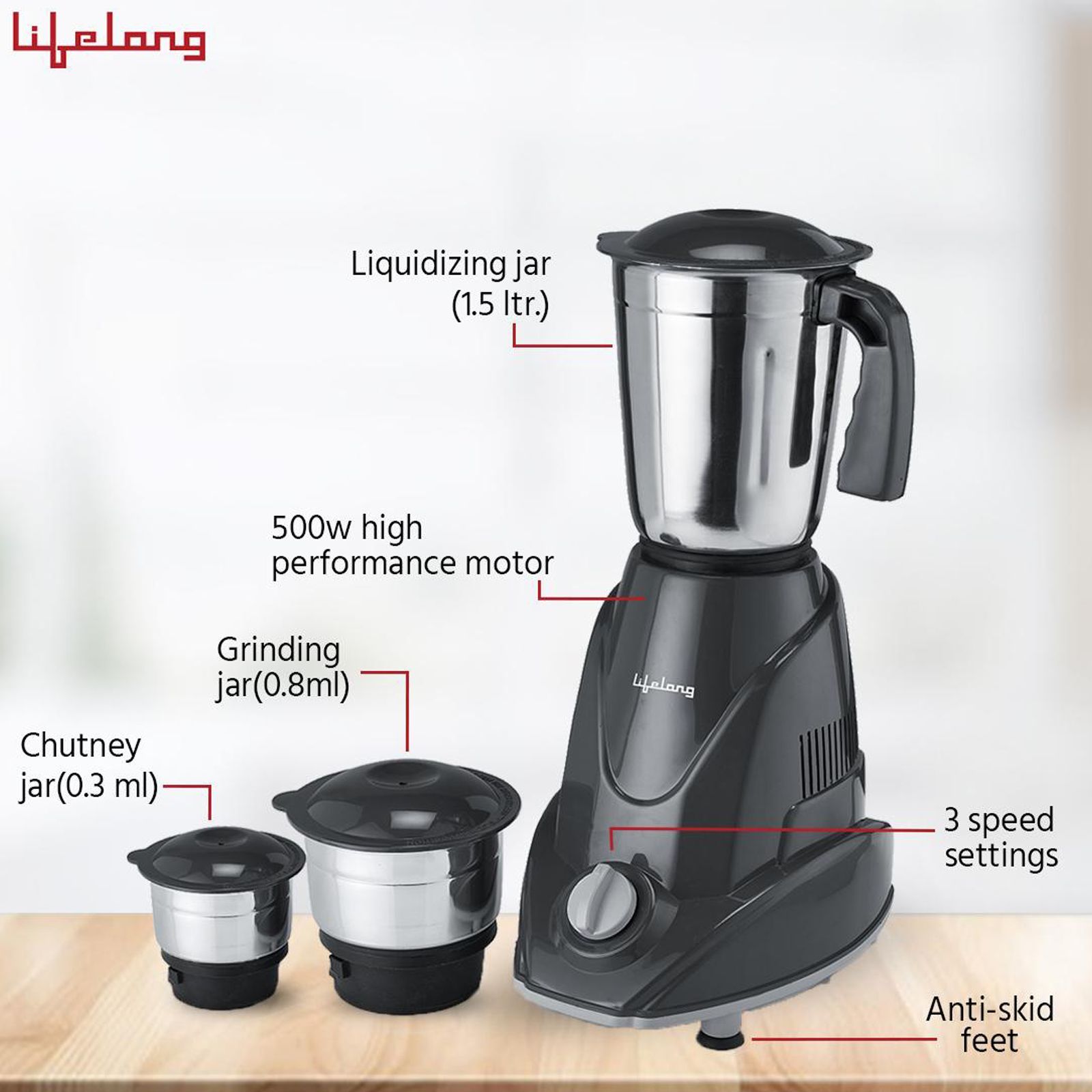 Lifelong Infinia 500 Watt 3 Jars Mixer Grinder (Overload Protection, Grey) Lifelong Infinia 500 Watt 3 Jars Mixer Grinder (Overload Protection, Grey)_13