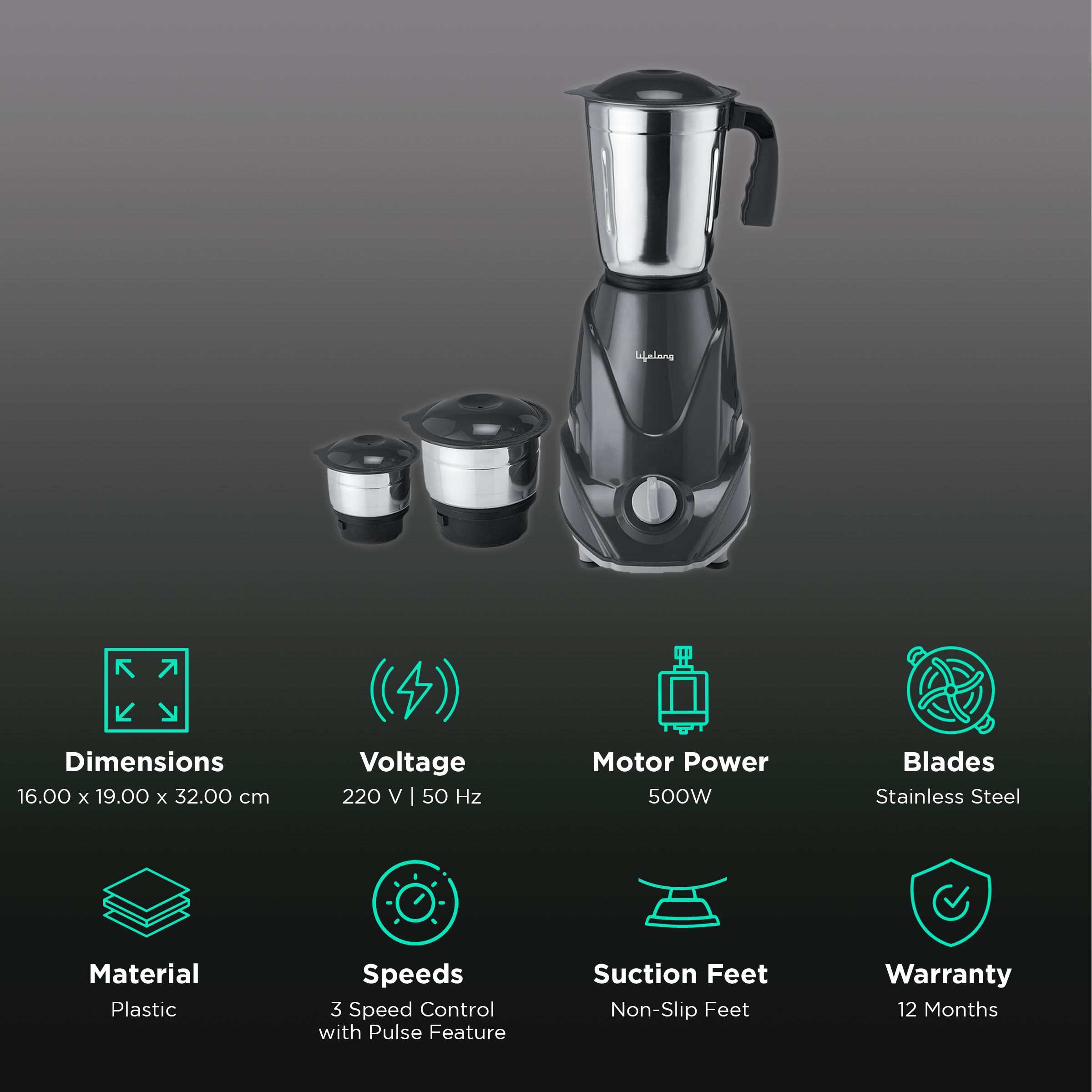 Lifelong Infinia 500 Watt 3 Jars Mixer Grinder (Overload Protection, Grey) Lifelong Infinia 500 Watt 3 Jars Mixer Grinder (Overload Protection, Grey)_2