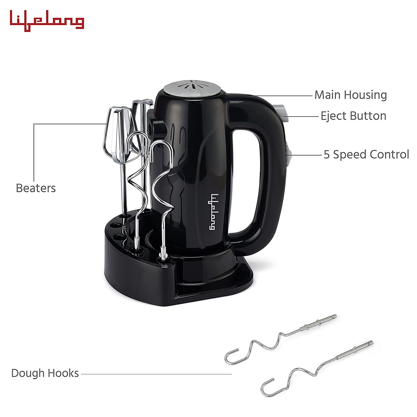 Lifelong Regalia Plus 300 Watt 5 Speed Hand Mixer with 4 Attachments (Overheating Protection, Black)_5
