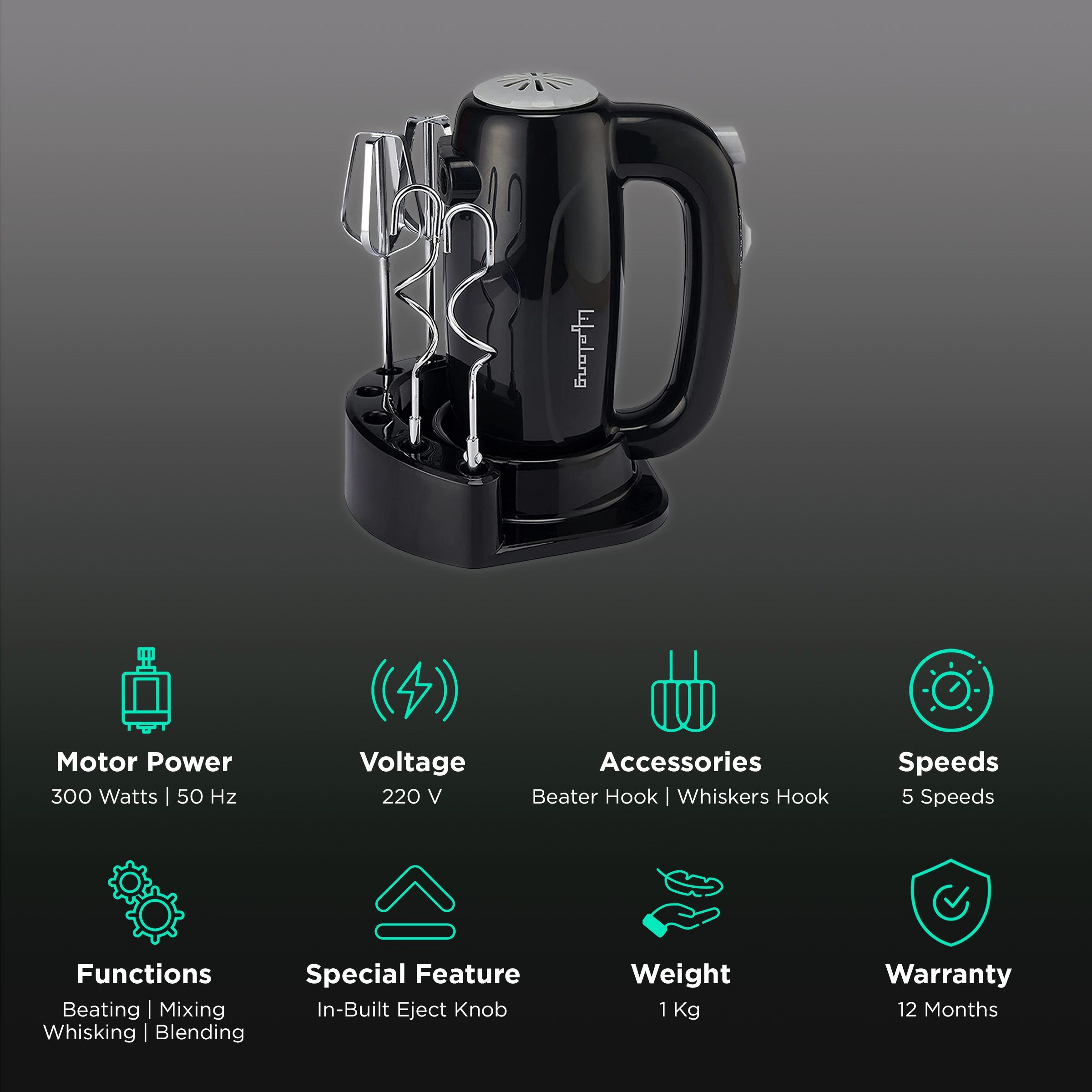 Lifelong Regalia Plus 300 Watt 5 Speed Hand Mixer with 4 Attachments (Overheating Protection, Black)_2