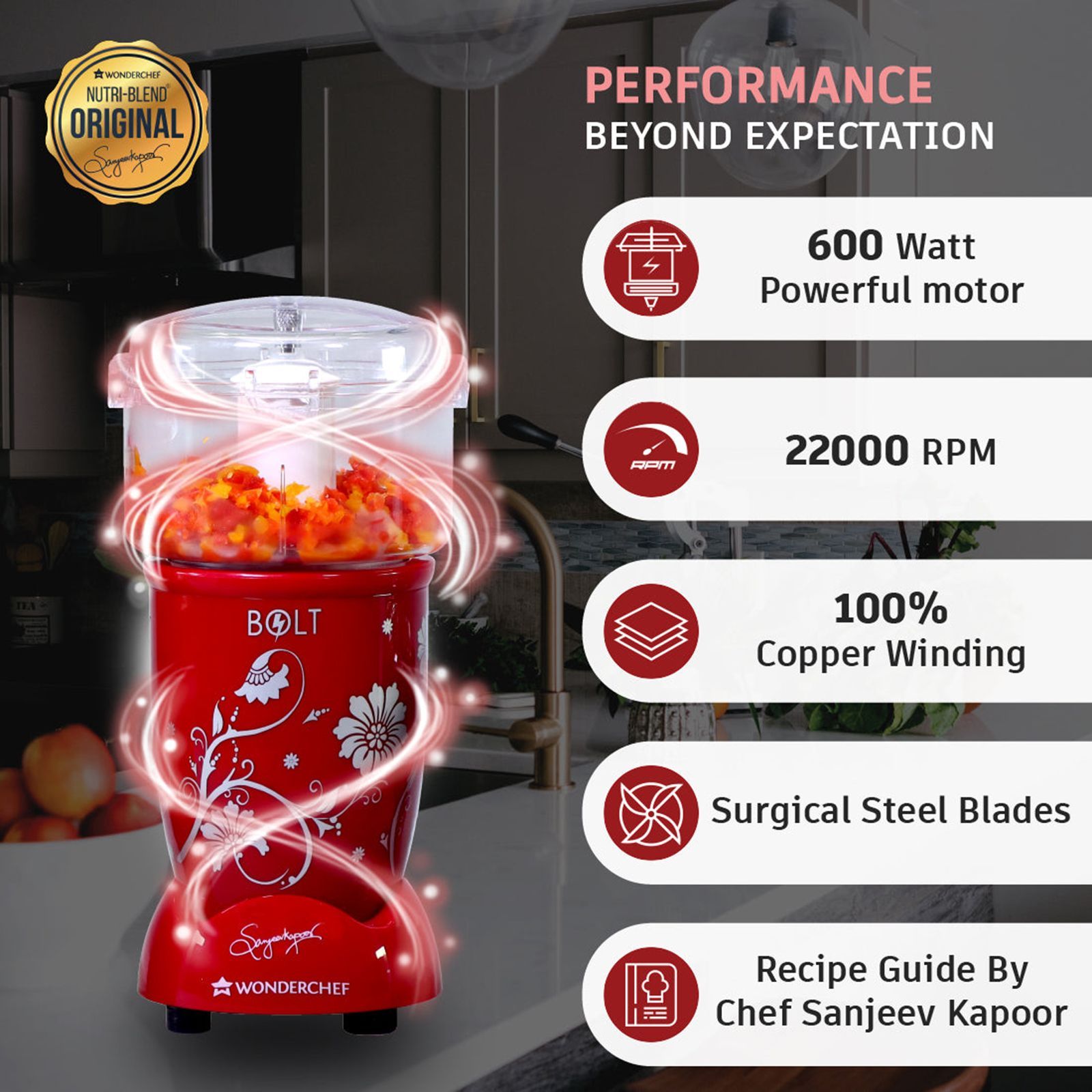 WONDERCHEF Nutri-Blend BOLT 600 Watt 4 Jars Mixer Grinder Blender (22000 RPM, Specialised Functions, Red)_5
