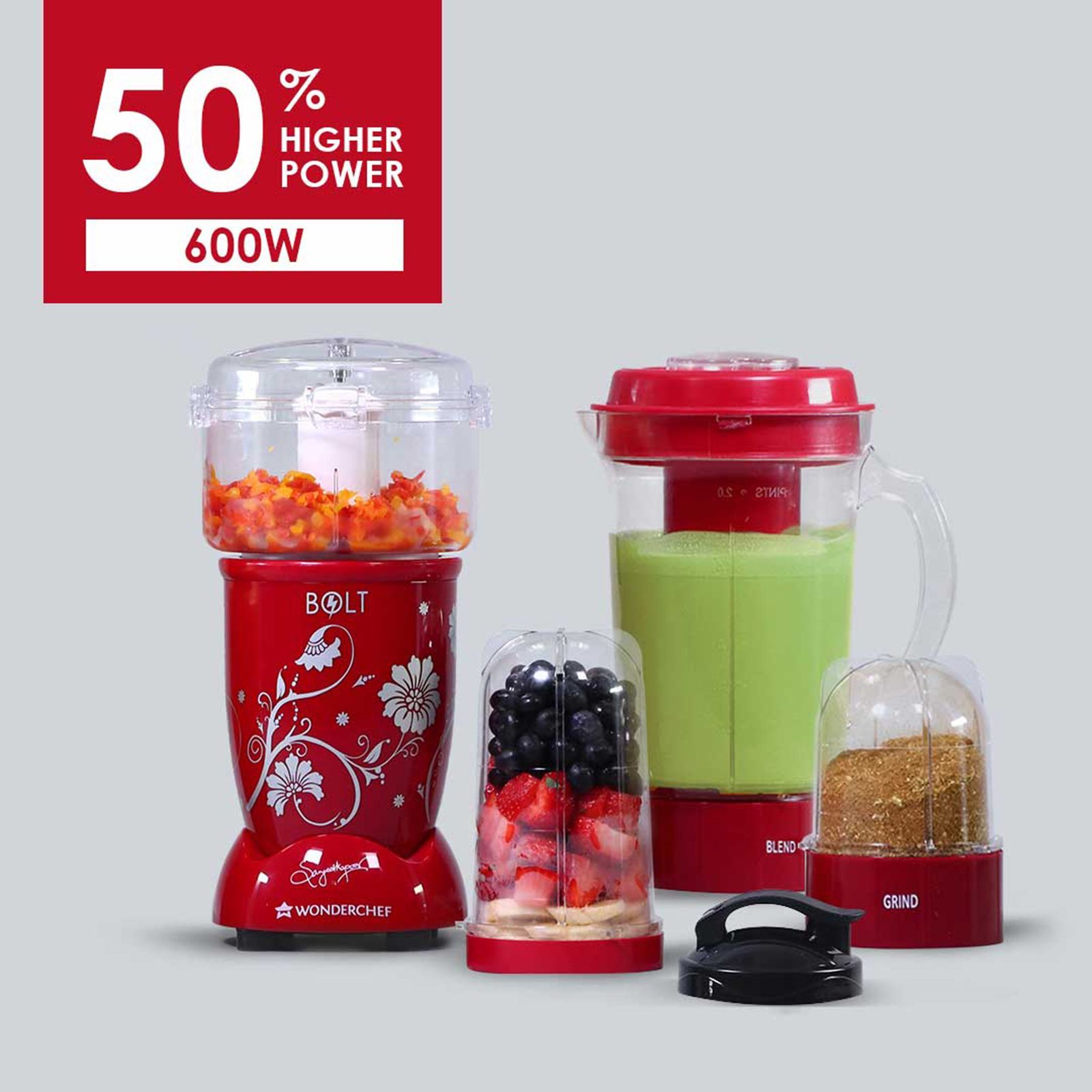 WONDERCHEF Nutri-Blend BOLT 600 Watt 4 Jars Mixer Grinder Blender (22000 RPM, Specialised Functions, Red)_7