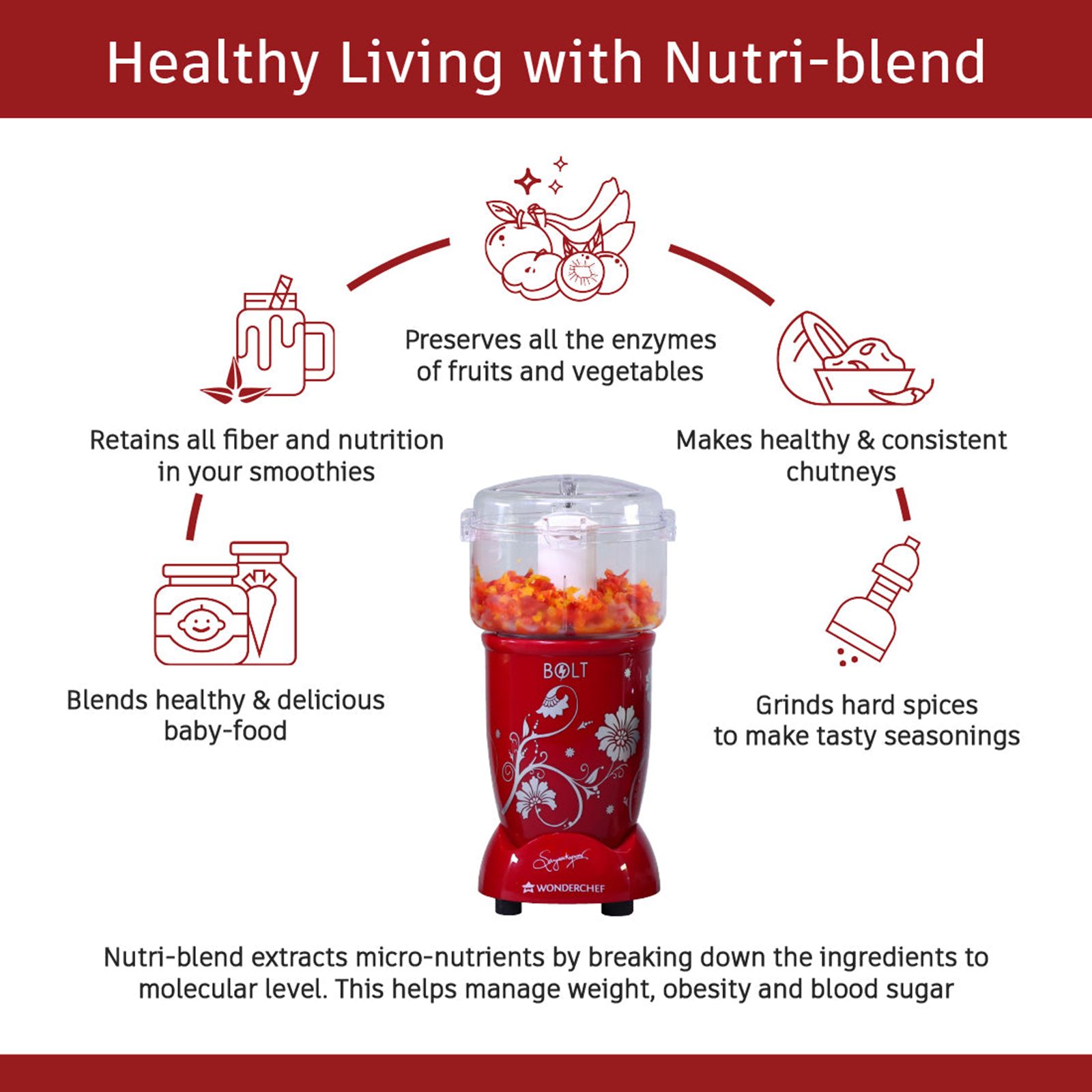 WONDERCHEF Nutri-Blend BOLT 600 Watt 4 Jars Mixer Grinder Blender (22000 RPM, Specialised Functions, Red)_8