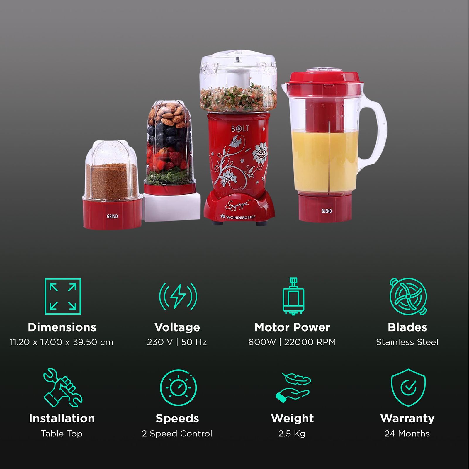 WONDERCHEF Nutri-Blend BOLT 600 Watt 4 Jars Mixer Grinder Blender (22000 RPM, Specialised Functions, Red)_2