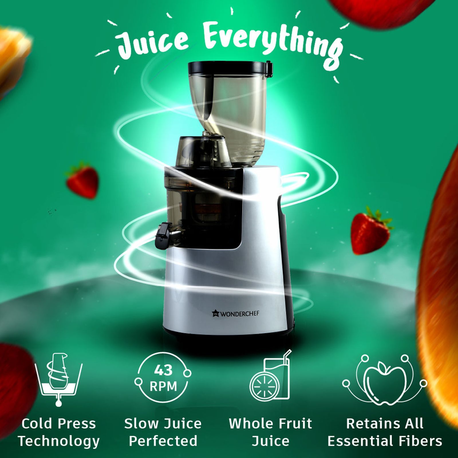 WONDERCHEF V6 200 Watt 2 Jars Cold Press Slow Juicer (43 RPM, Cold Press Technology, Black/Silver)_13