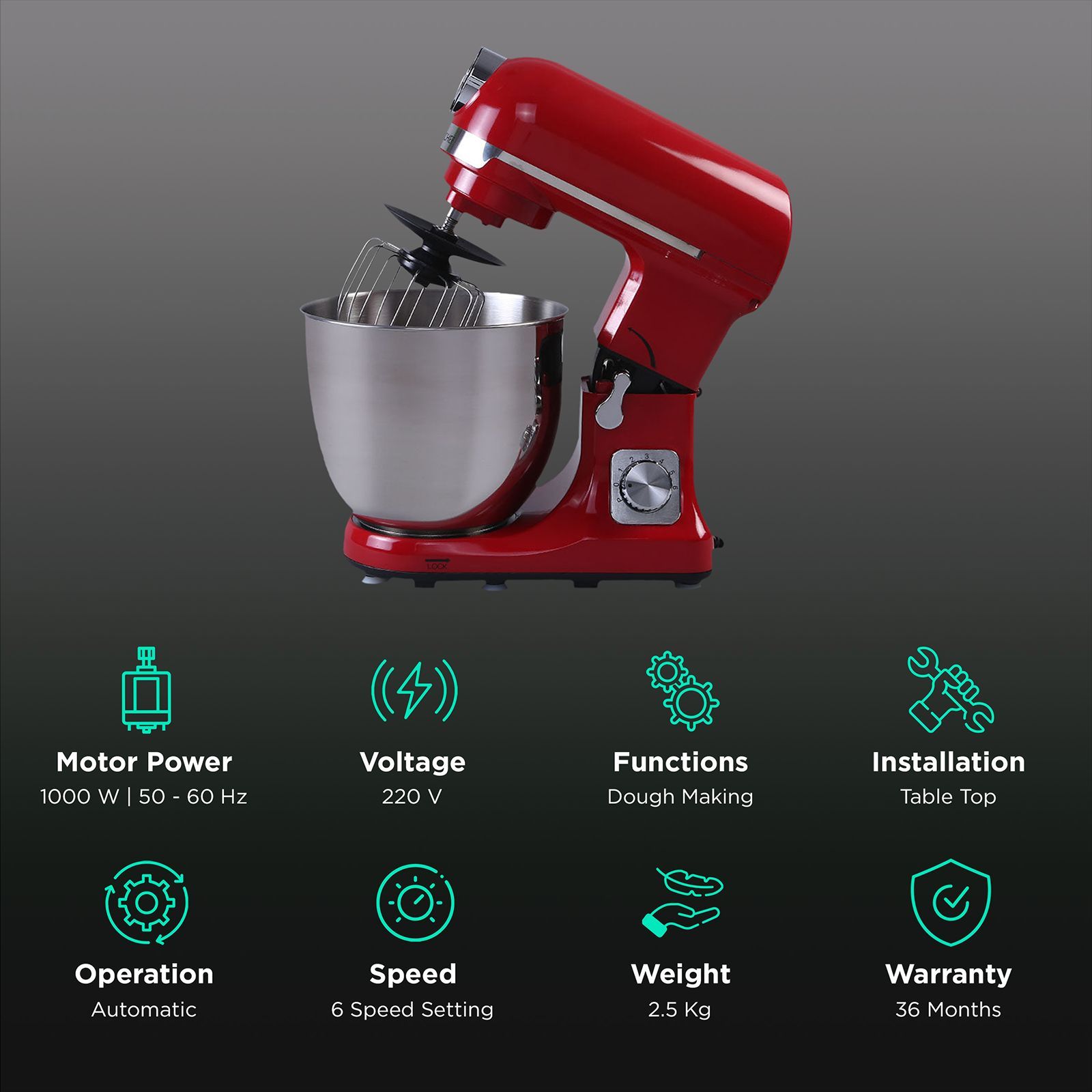 WONDERCHEF Crimson Edge Die-cast Metal 1000 Watts Stand Mixer (3 Attachments, 63153697, Red)_2