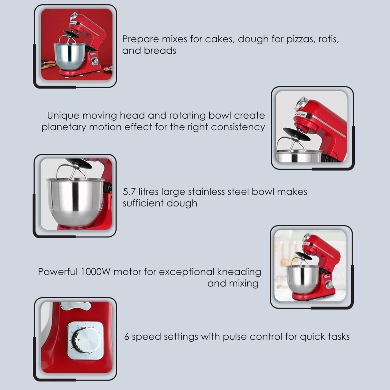 WONDERCHEF Crimson Edge Die-cast Metal 1000 Watts Stand Mixer (3 Attachments, 63153697, Red)_5