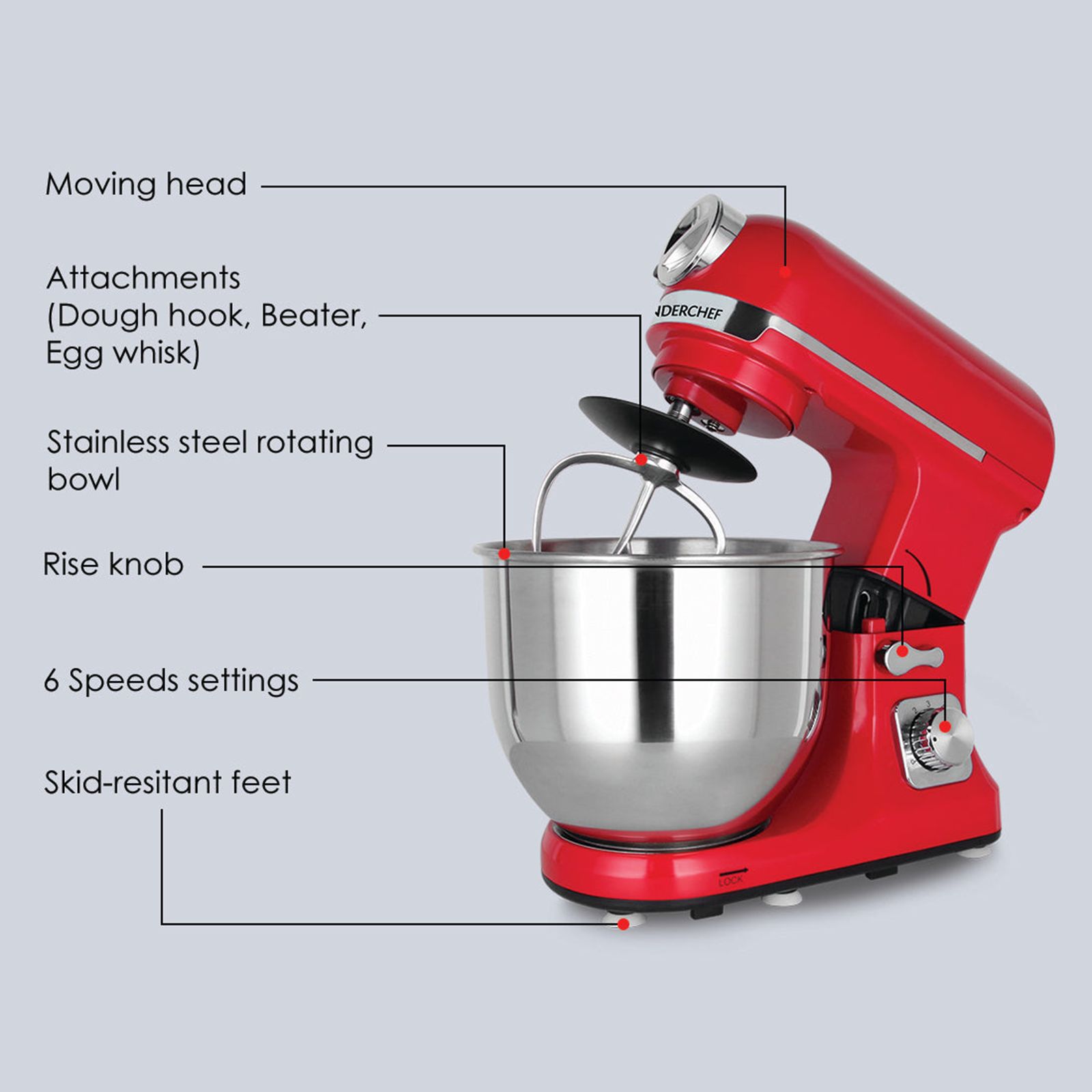 WONDERCHEF Crimson Edge Die-cast Metal 1000 Watts Stand Mixer (3 Attachments, 63153697, Red)_6