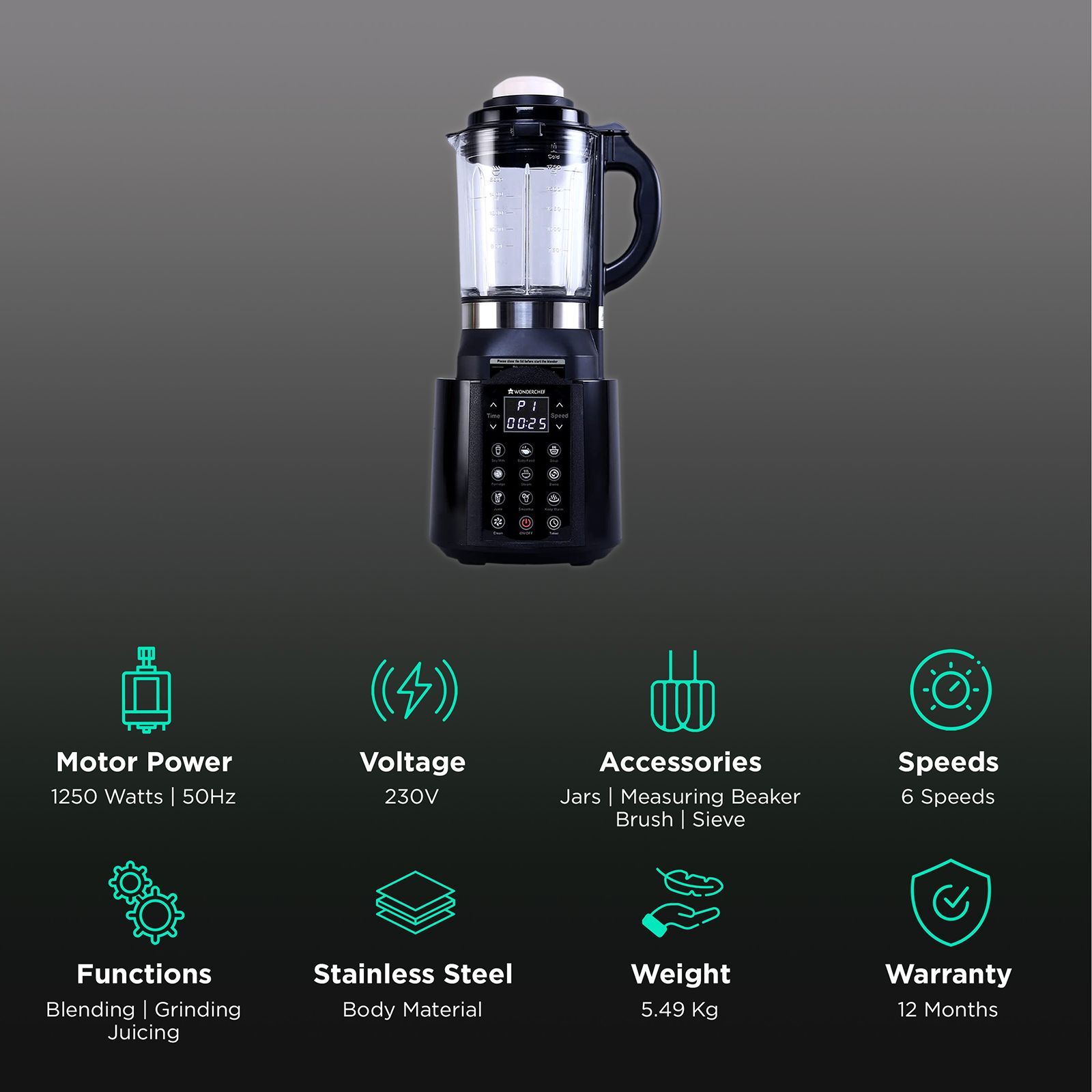 WONDERCHEF Nutri Cook 1250 Watt 1 Jar Heater Blender (24000 RPM, 9 Pre-set Functions, Black) WONDERCHEF Nutri Cook 1250 Watt 1 Jar Heater Blender (24000 RPM, 9 Pre-set Functions, Black)_2