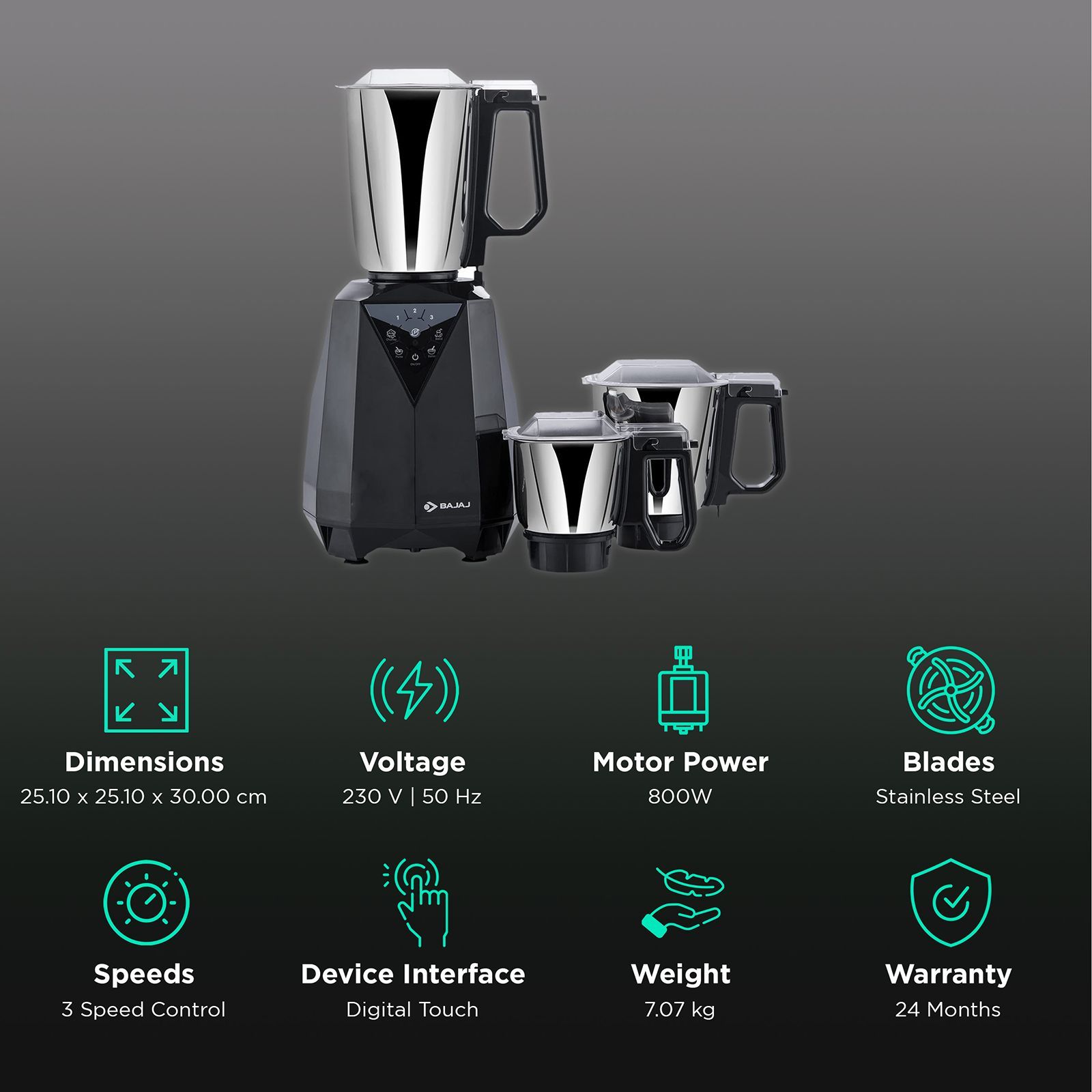BAJAJ Juvel Digi 800 Watt 3 Jars Mixer Grinder (Pulse Function, Dark Grey)_2