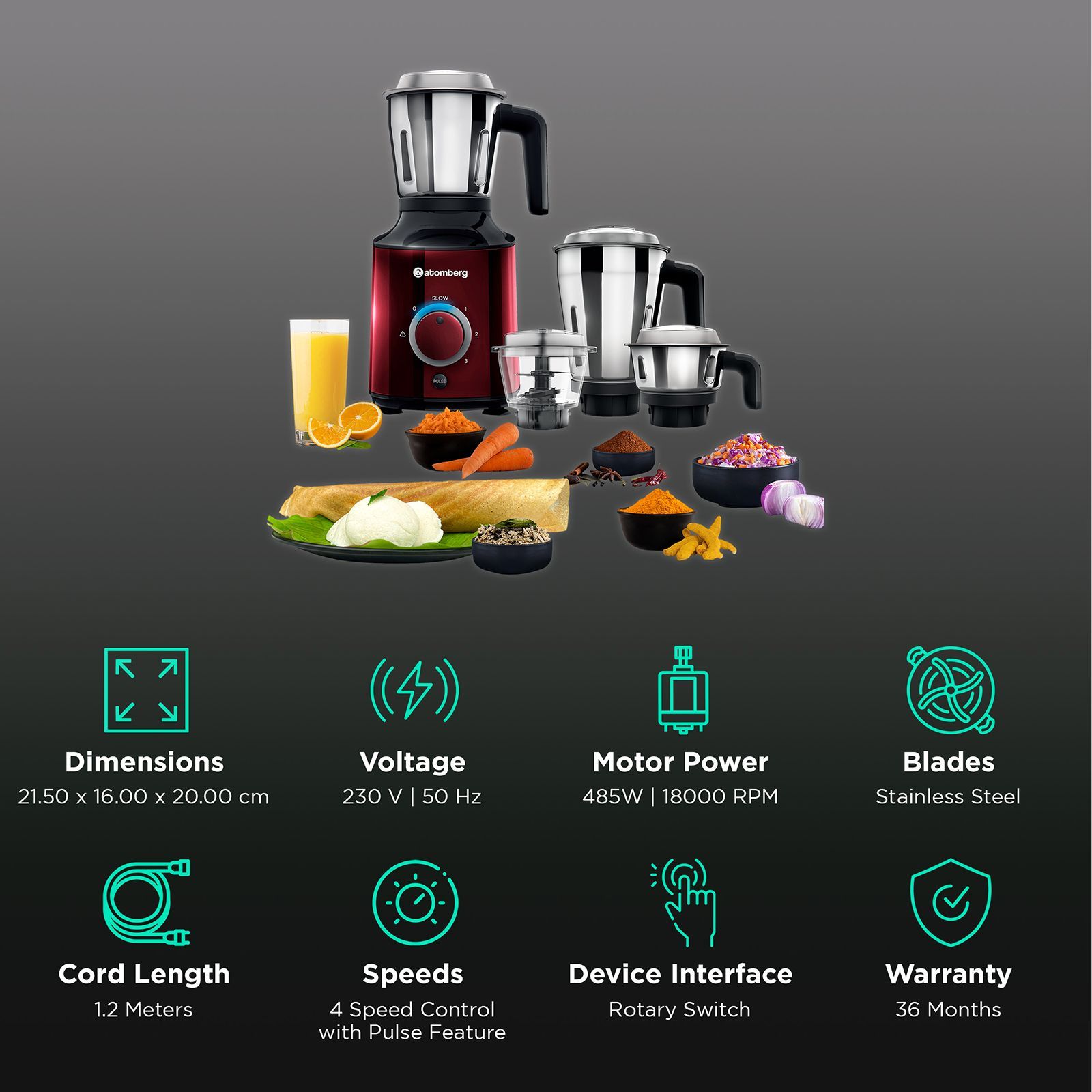 atomberg MG 1 485 Watt 4 Jars Mixer Grinder (18000 RPM, 4 Speed Control, Red Wine)_2